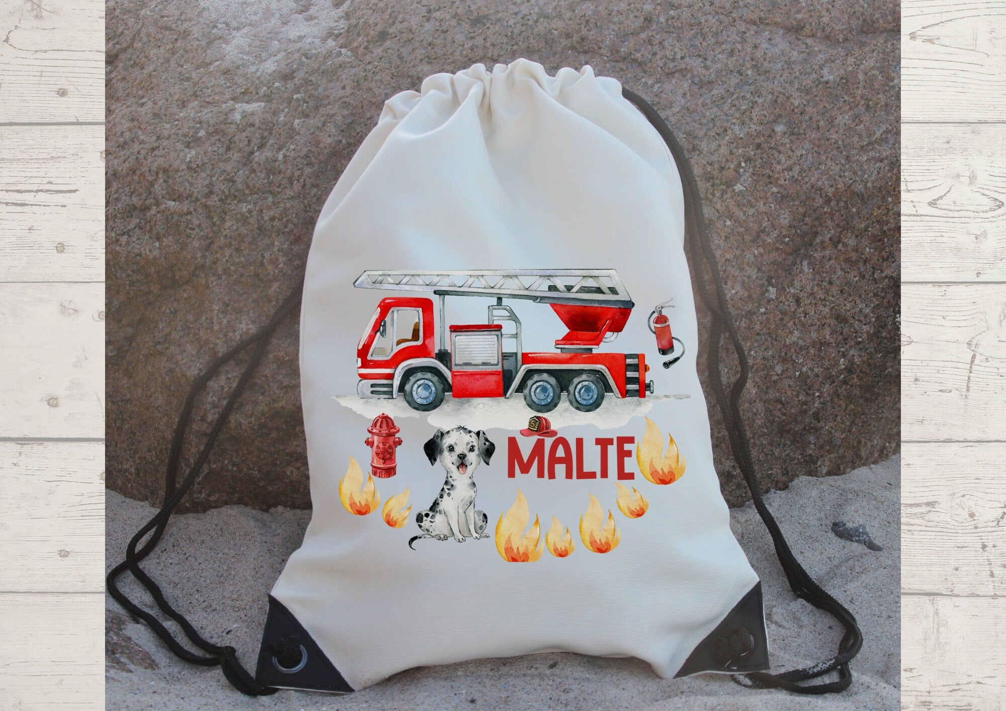Turnbeutel mit Name personalisiert Feuerwehr Rettungsfahrzeug Feuerwehrauto Hund – Team Sports & Gym Bags