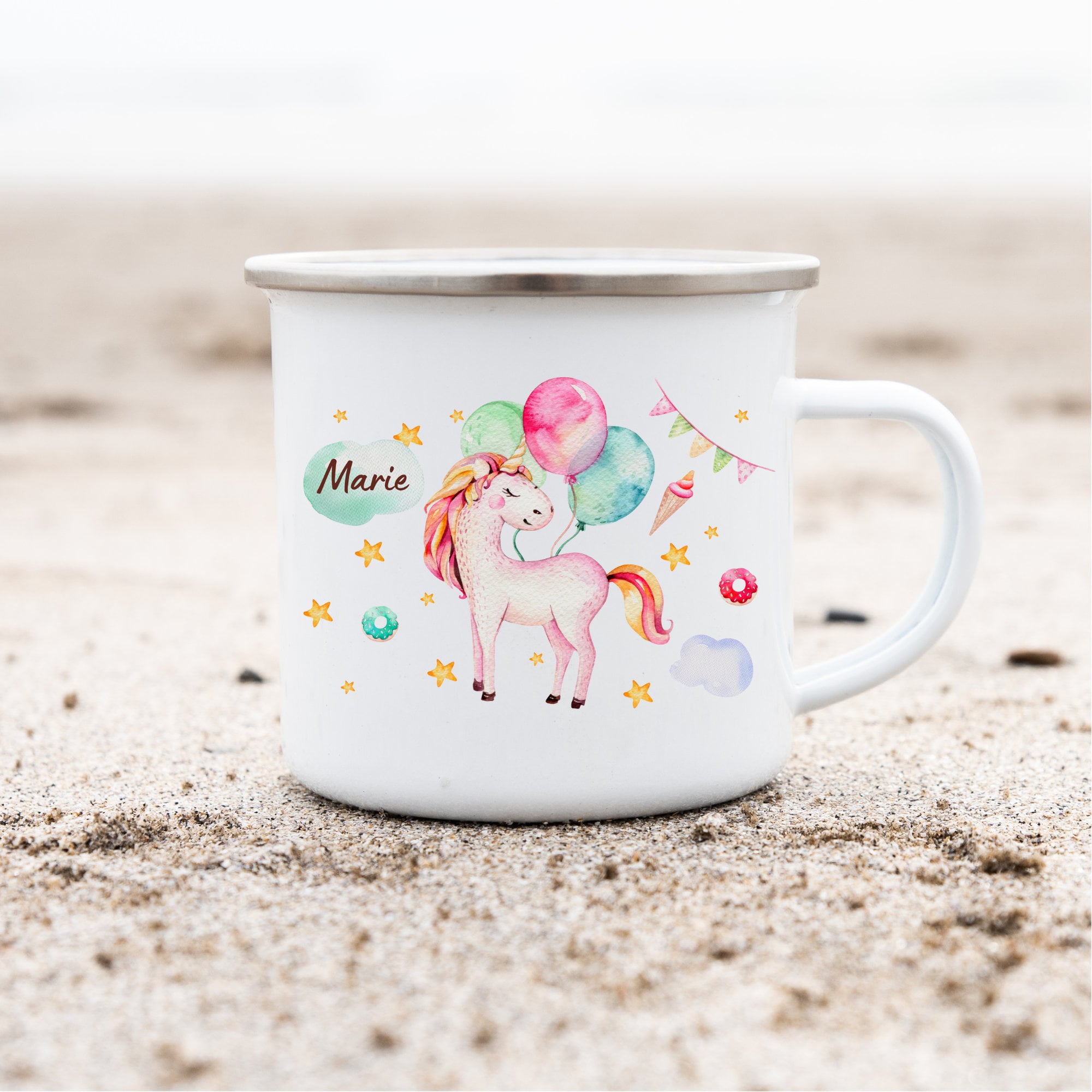 Emailletasse mit Namen personalisiert Einhorn Glitzer Sterne Regenbogen