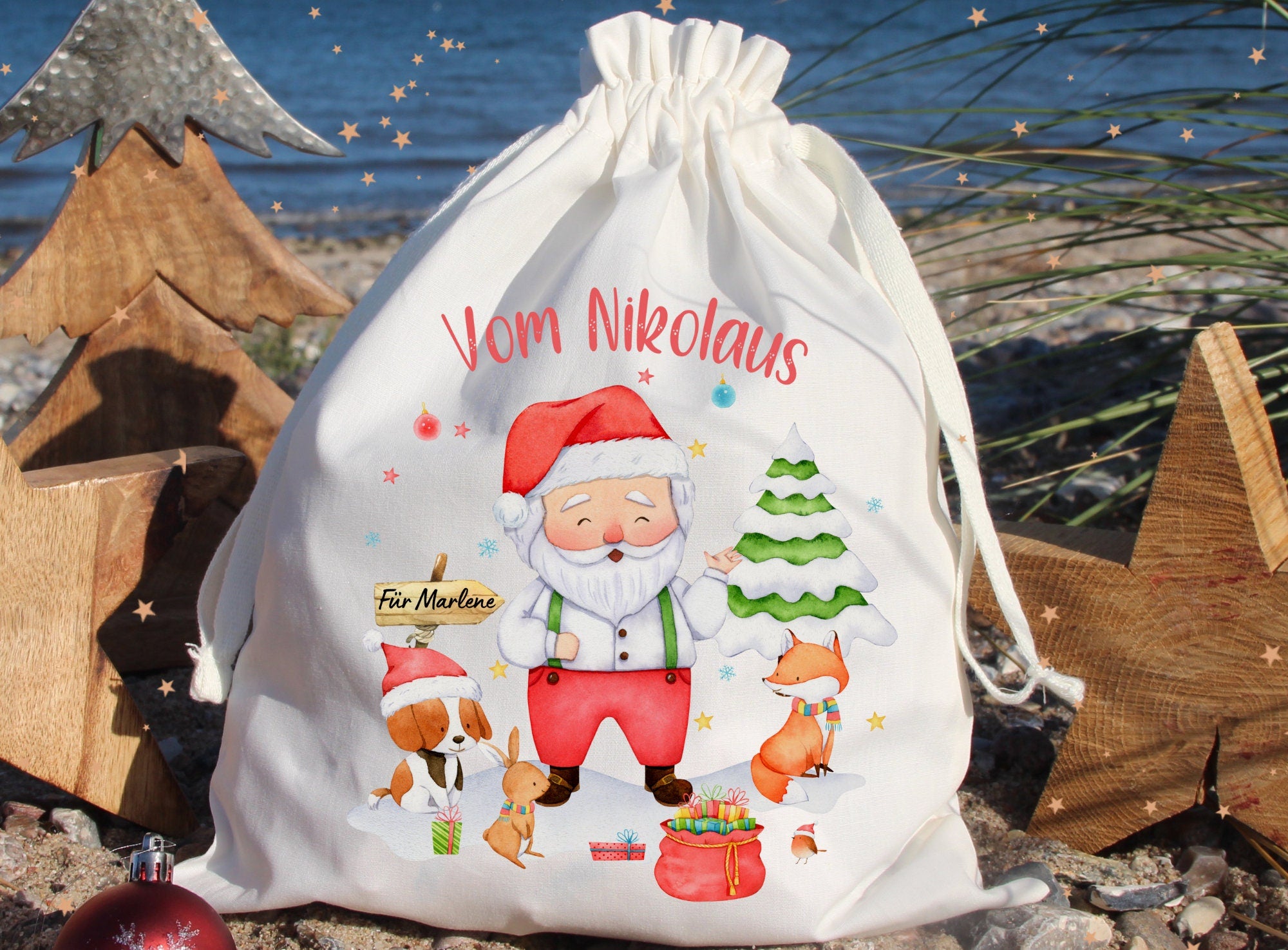 Geschenkbeutel Geschenkesäckchen personalisiert mit Name für Weihnachten vom Nikolaus Weihnachtsmann Fuchs Hund