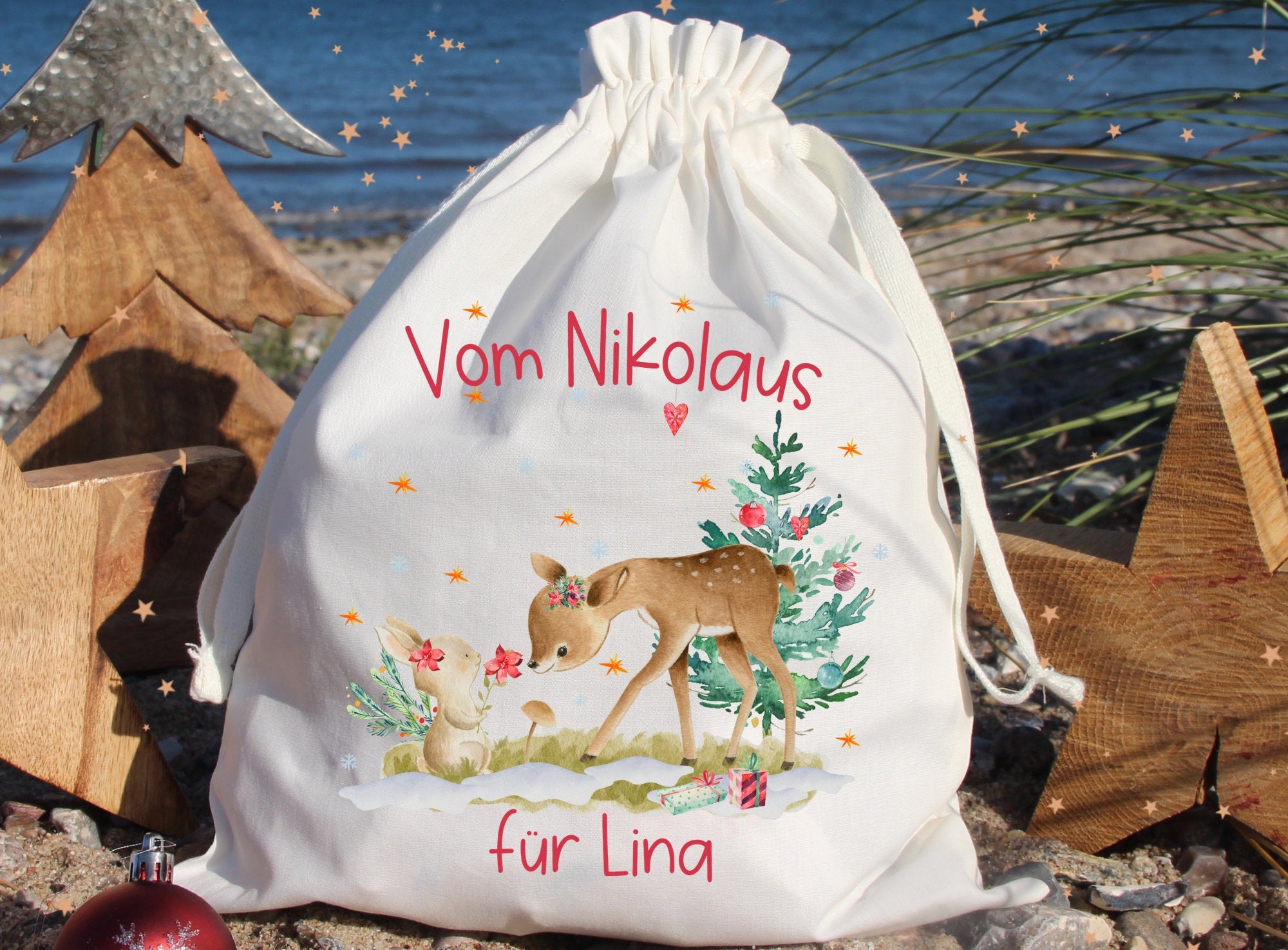 Geschenkbeutel Geschenkesäckchen personalisiert mit Name für Weihnachten vom Nikolaus Weihnachtsmann Reh Waldtiere Hase