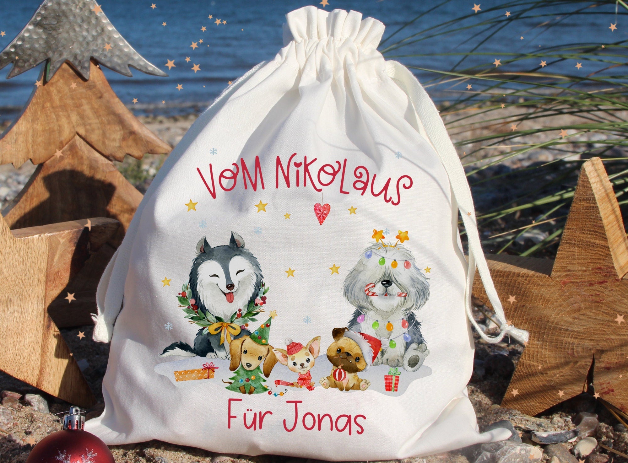 Geschenkbeutel Geschenkesäckchen personalisiert mit Name für Weihnachten vom Nikolaus Weihnachtsmann Hund Weihnachtshunde