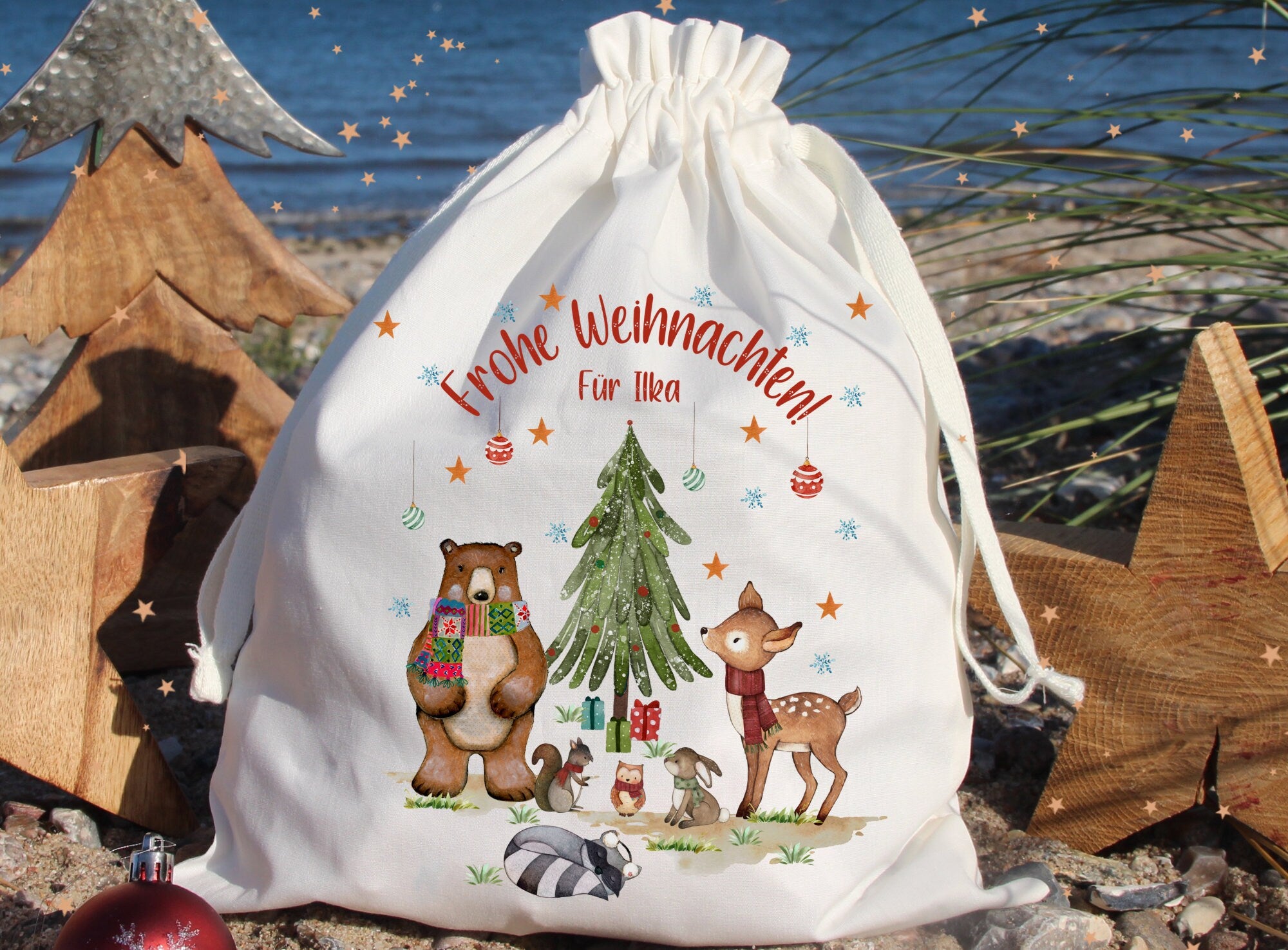 Geschenkbeutel Geschenkesäckchen personalisiert mit Name für Weihnachten Nikolaus Waldtiere Reh Schneemann Fuchs