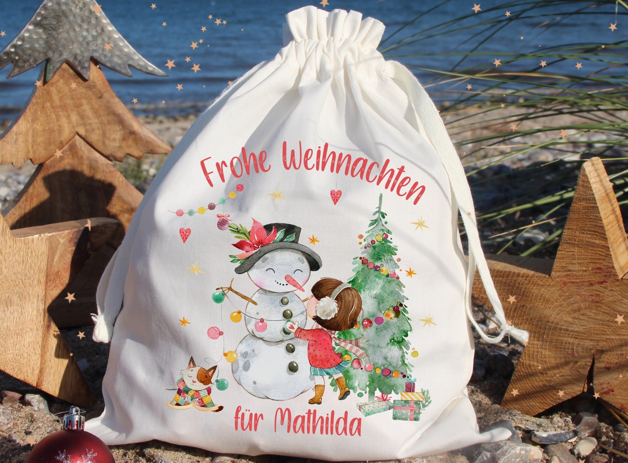 Geschenkbeutel Geschenkesäckchen personalisiert mit Name für Weihnachten vom Nikolaus Weihnachtsmann Schneemann Weihnachtsbaum