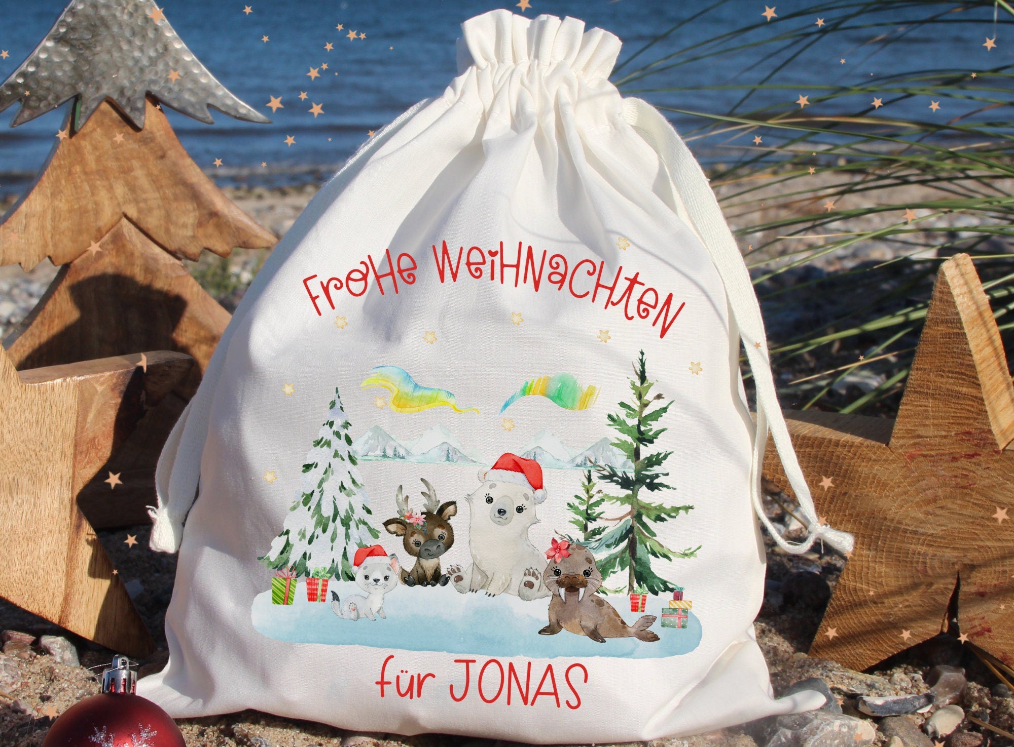 Geschenkbeutel Geschenkesäckchen personalisiert mit Name für Weihnachten vom Nikolaus Rentier Arktis Schneefuchs Robbe Eisbär