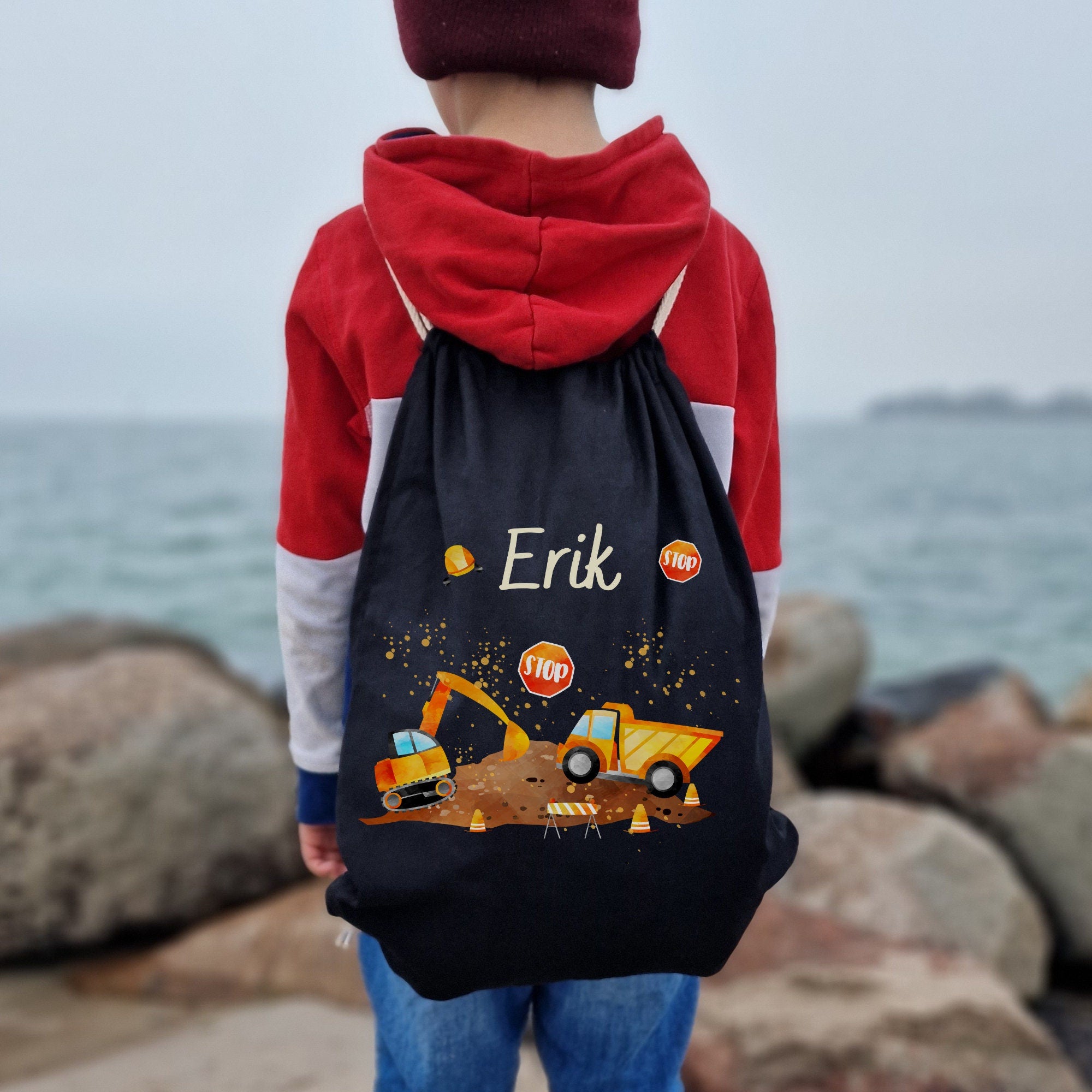 Turnbeutel mit Name personalisiert Dino Dinosaurier Bagger Radlader Baustelle Baustellenfahrzeuge – Team Sports & Gym Bags