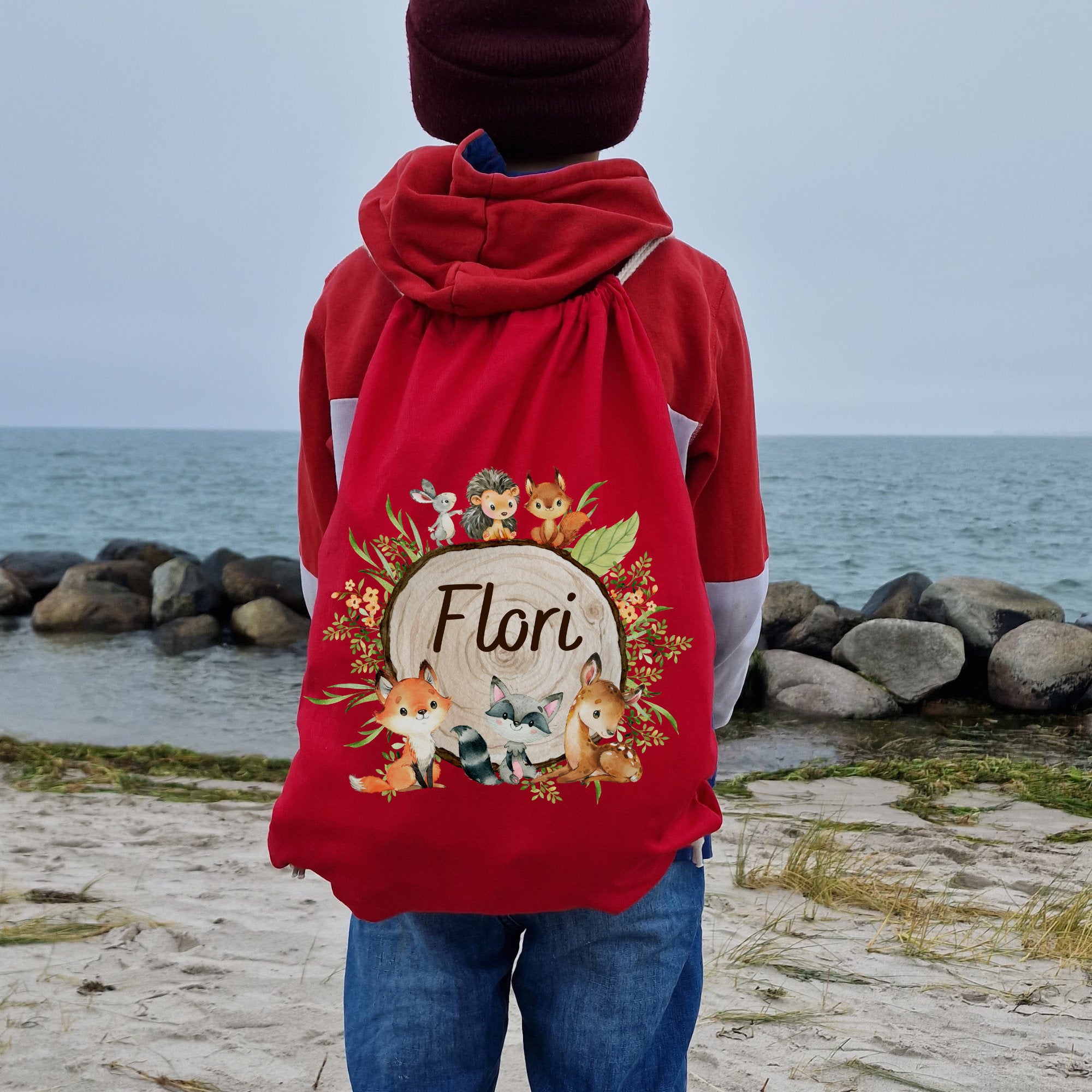 Turnbeutel mit Name personalisiert Waldtiere Fuchs Reh Igel Hase Waschbär – Team Sports & Gym Bags