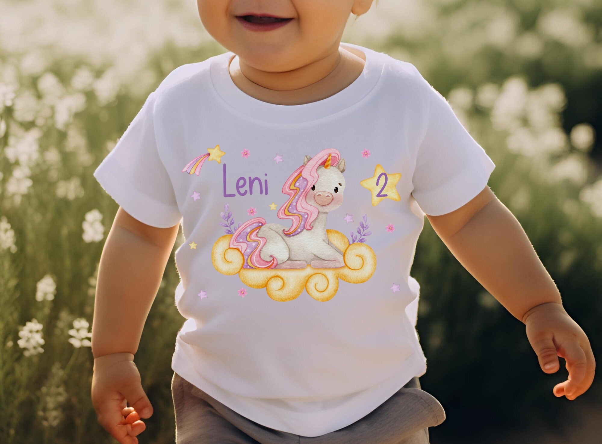 Geburtstagsshirt personalisiert Bauernhoftiere Einhorn Glitzer Wolken Regenbogen