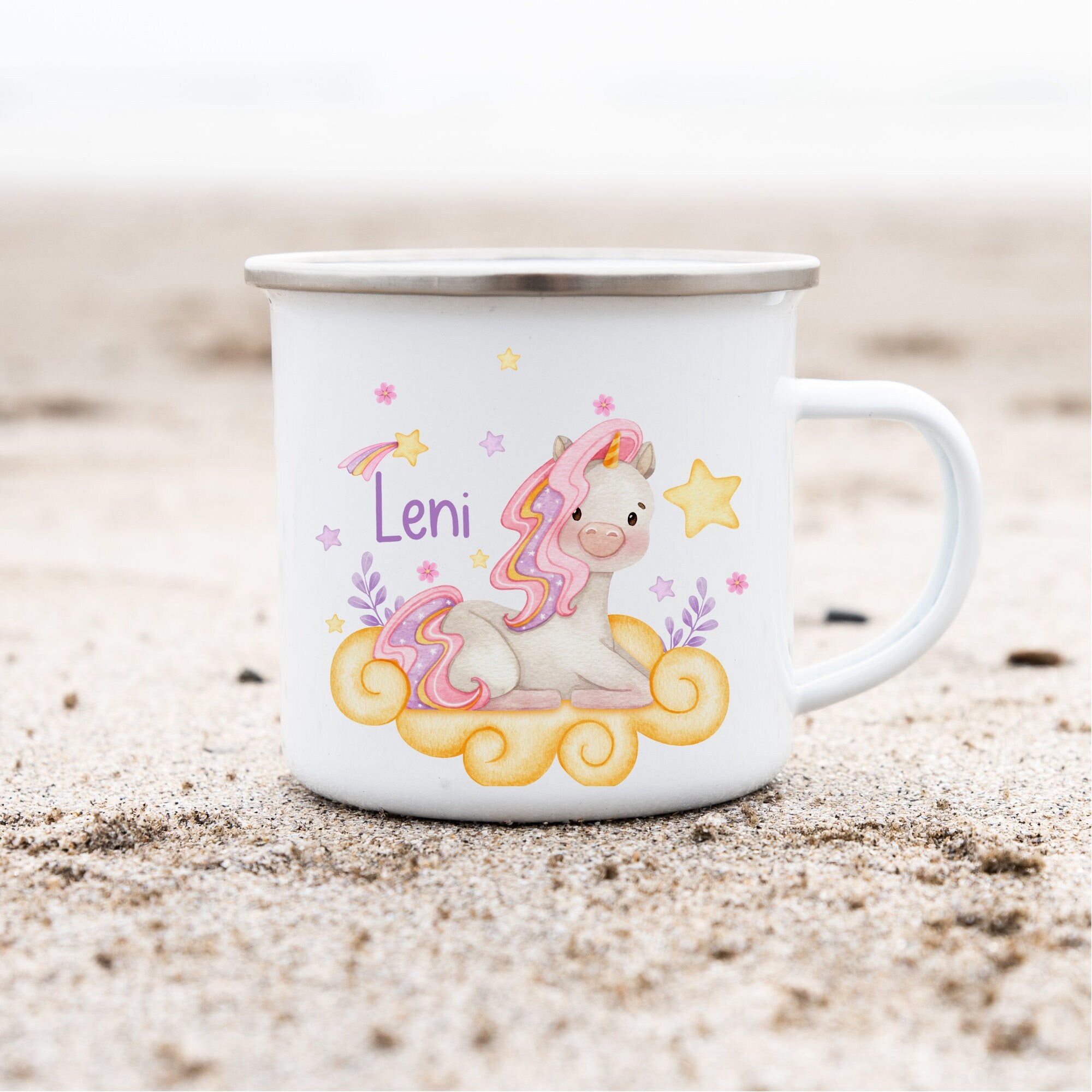 Emailletasse mit Namen personalisiert Einhorn Glitzer Sterne Regenbogen Sternschnuppe