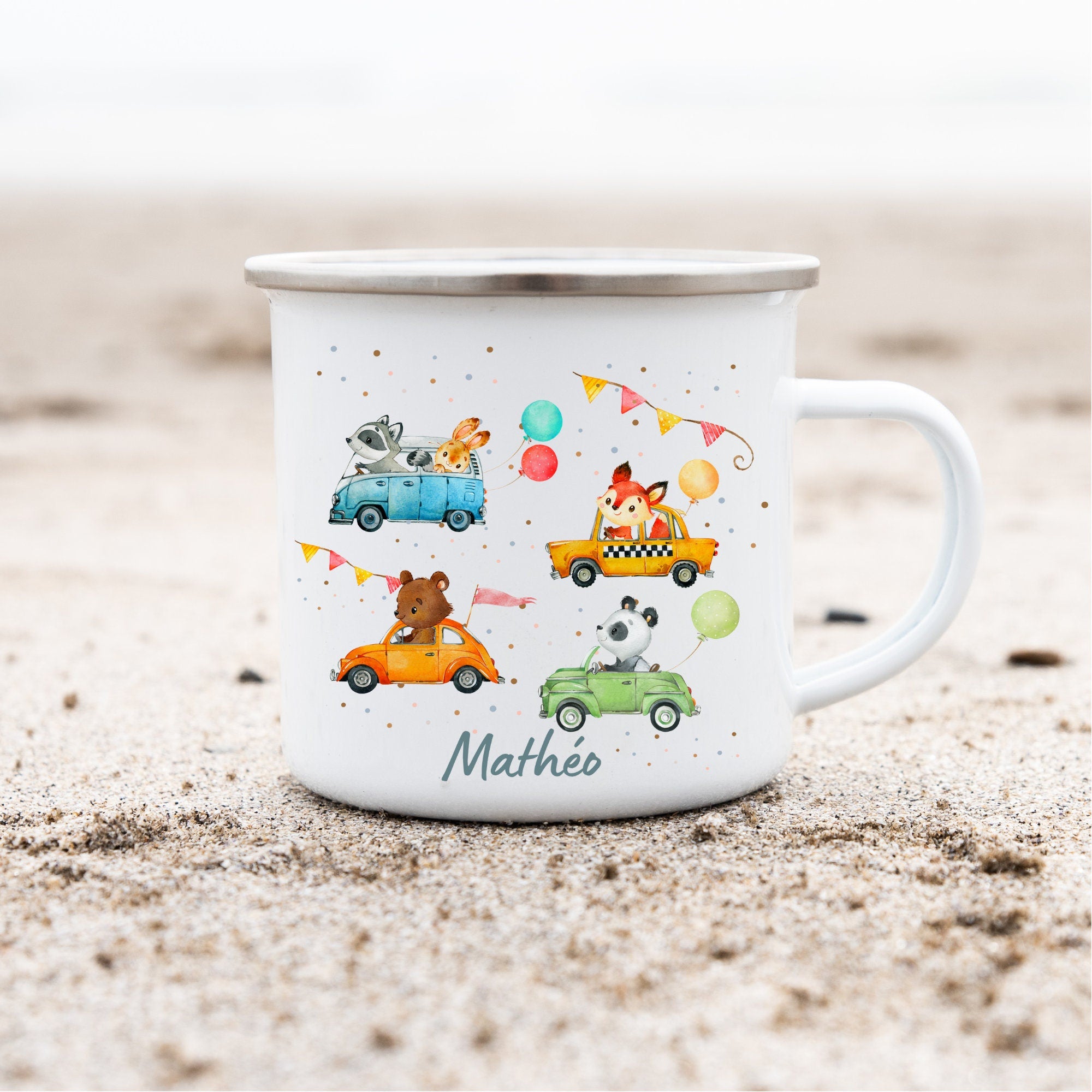 Emailletasse mit Namen personalisiert Fahrzeuge Tiere Waldtiere Fuchs Bär Waschbär – Mugs