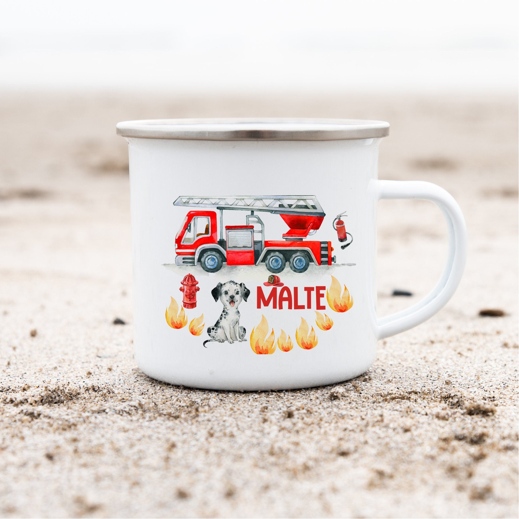 Emailletasse mit Namen personalisiert Feuerwehr Feuerwehrmann Hund Rettungsfahrzeuge – Mugs