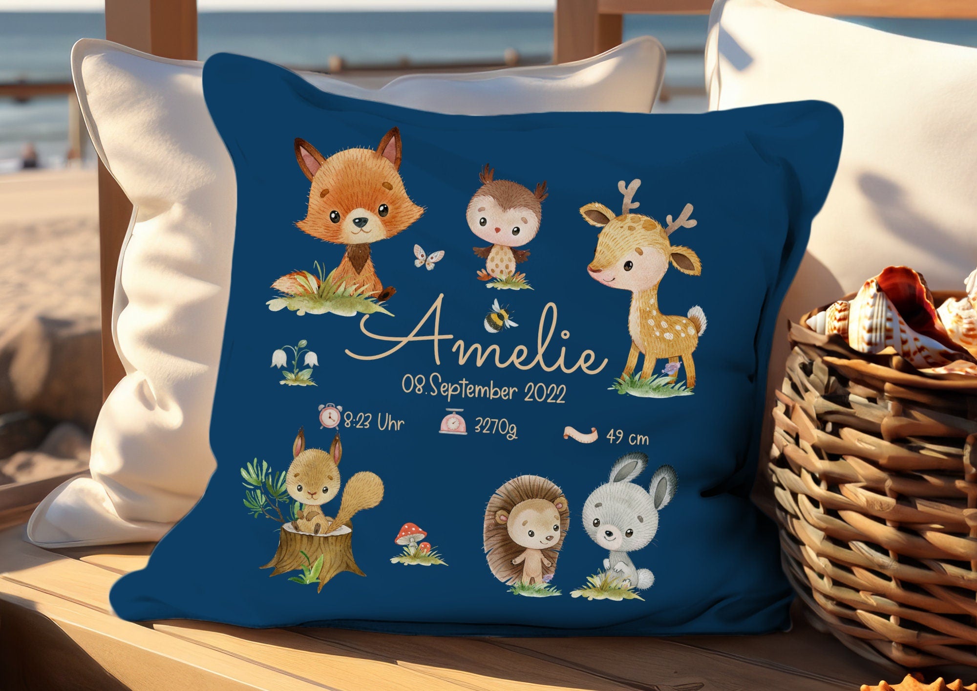 Kissenbezug Geburtskissen Geburtsdaten Geschenk zur Geburt personalisiert Waldtiere Fuchs Bär Hase – Pillowcases