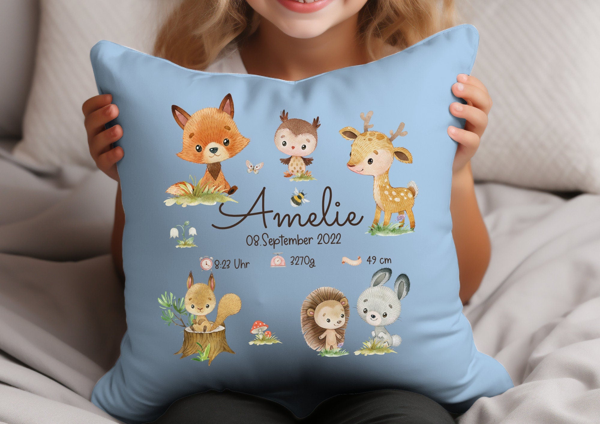 Kissenbezug Geburtskissen Geburtsdaten Geschenk zur Geburt personalisiert Waldtiere Fuchs Bär Hase – Pillowcases