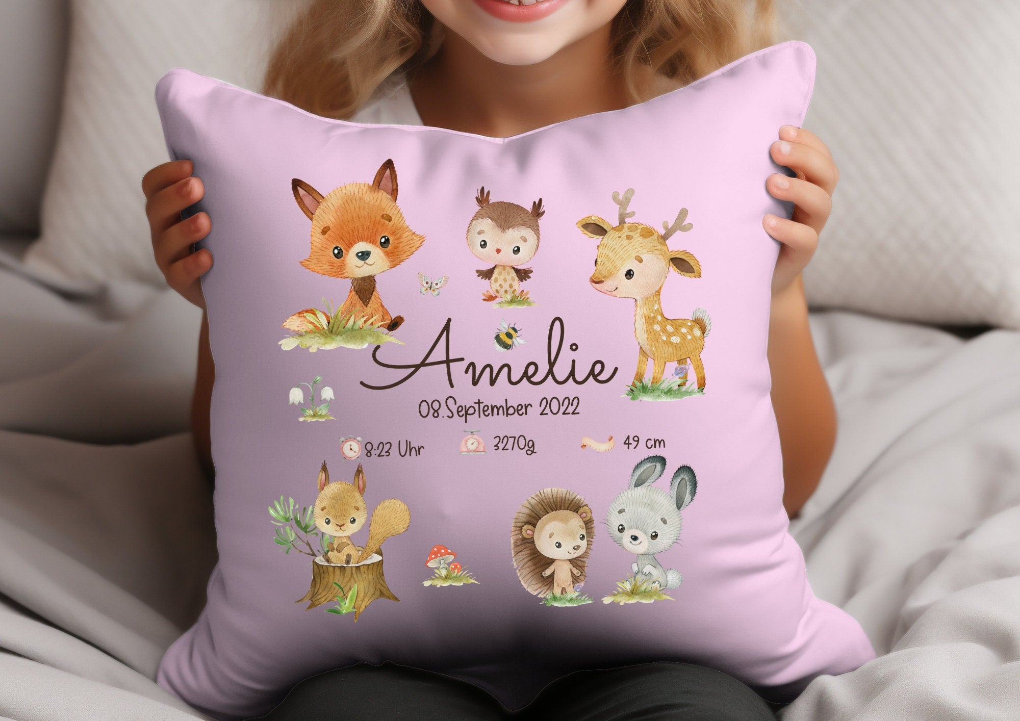 Kissenbezug Geburtskissen Geburtsdaten Geschenk zur Geburt personalisiert Waldtiere Fuchs Bär Hase – Pillowcases