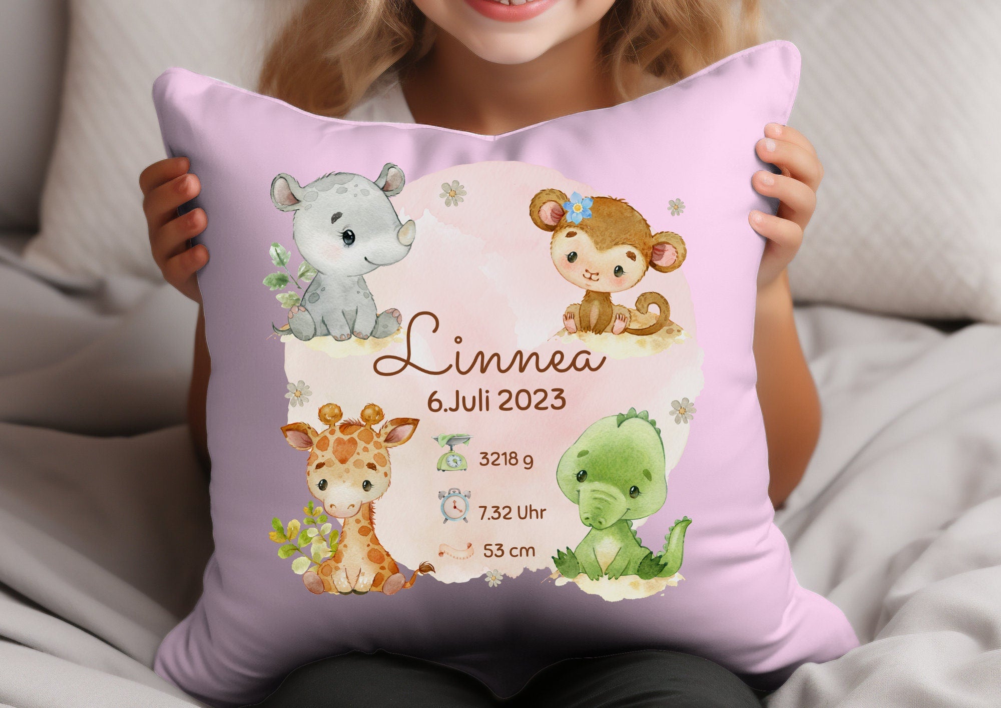 Kissenbezug Geburtskissen Geburtsdaten Geschenk zur Geburt personalisiert Safaritiere Affe Krokodil Giraffe Nashorn – Pillowcases
