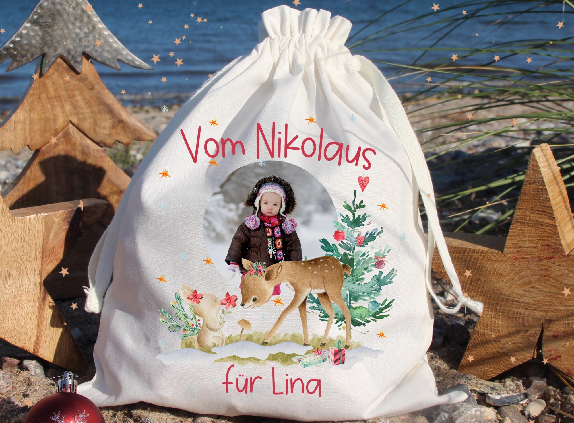 Geschenkbeutel Geschenkesäckchen mit Foto personalisiert mit Name für Weihnachten Nikolaus Waldtiere Reh Schneemann Fuchs