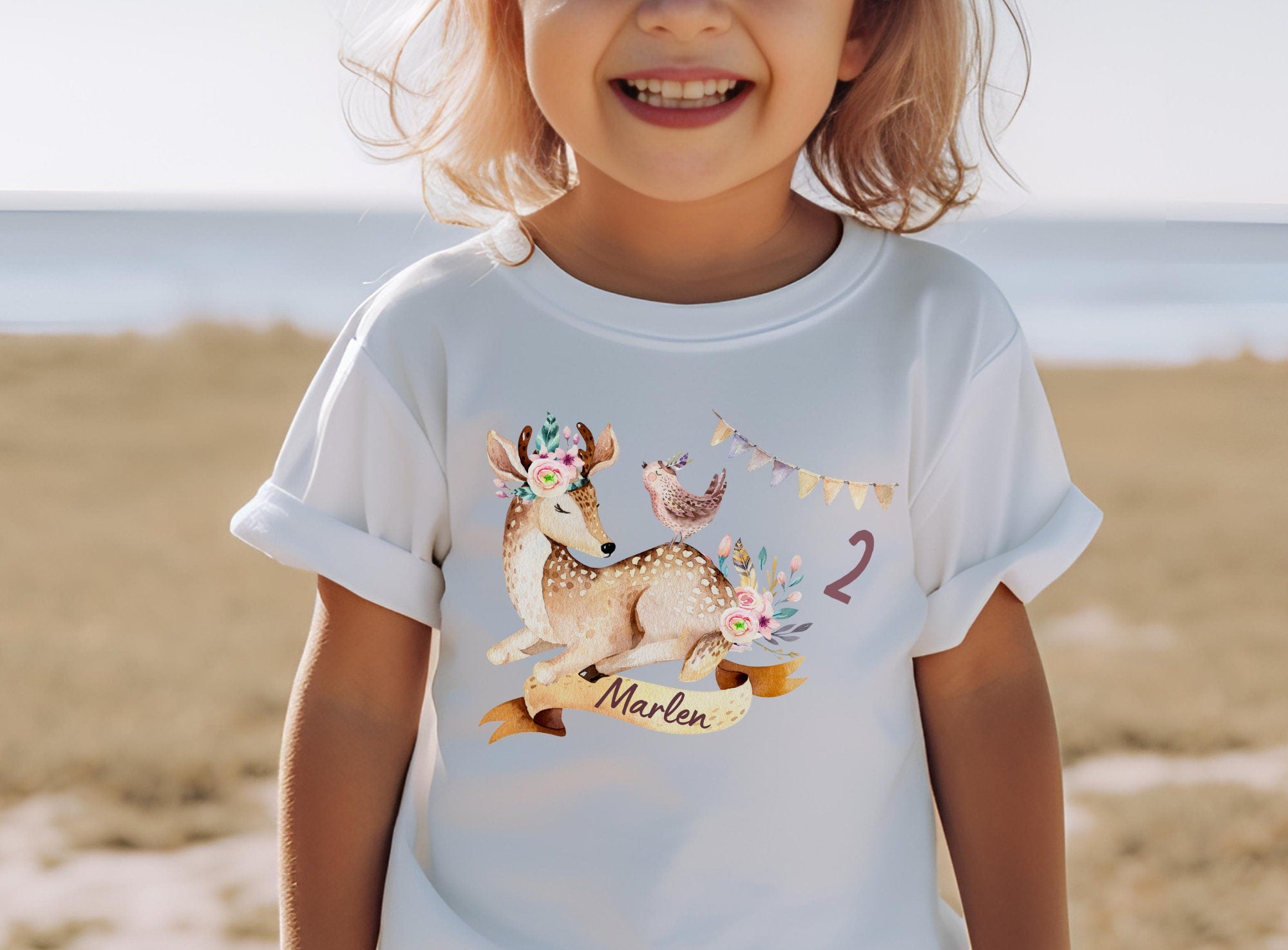 Reh Boho Geburtstag – personalisiert mit Name – Vogel Waldtiere rosa Shirt – T-shirts