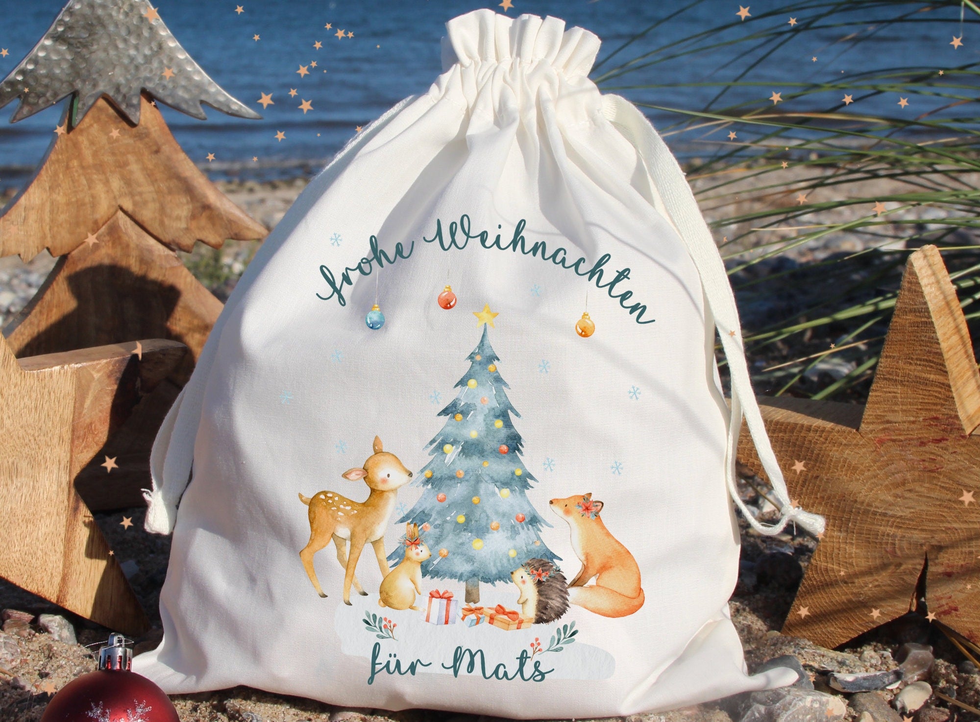 Geschenkbeutel Geschenkesäckchen personalisiert mit Name für Weihnachten Nikolaus Waldtiere Reh Schneemann Fuchs