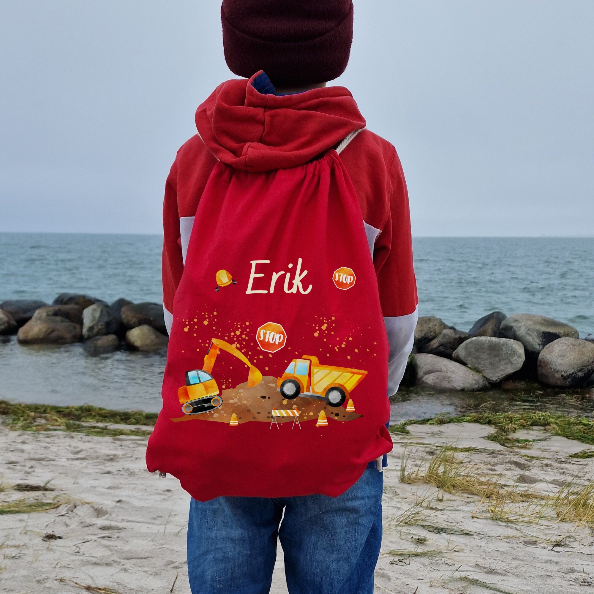 Turnbeutel mit Name personalisiert Dino Dinosaurier Bagger Radlader Baustelle Baustellenfahrzeuge – Team Sports & Gym Bags