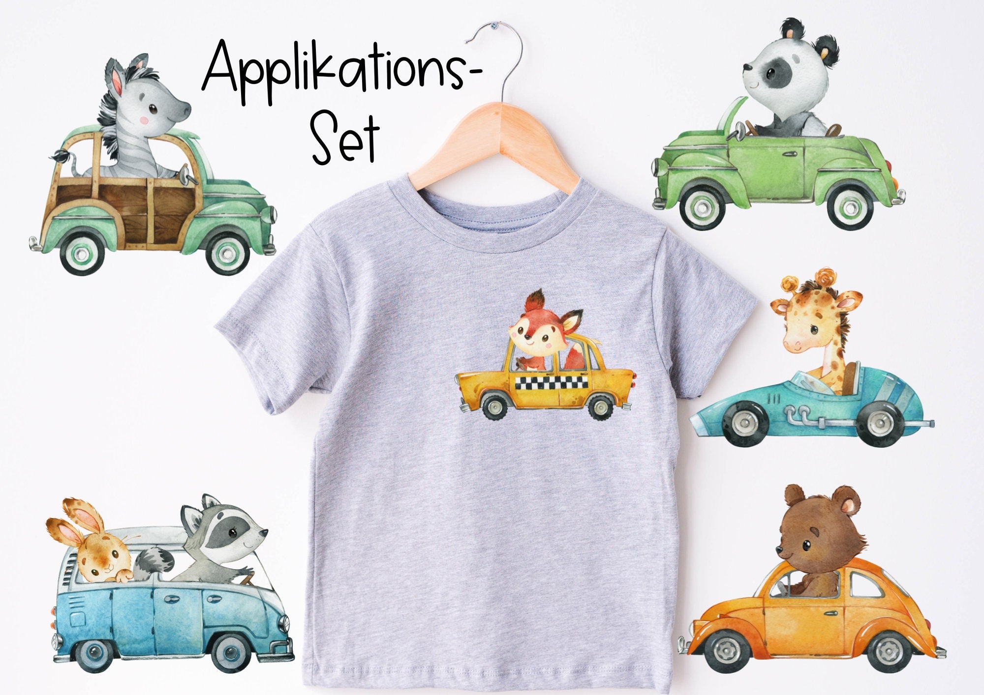 Set Bügelbild Applikation Fahrzeuge Autos Dschungeltiere Waldtiere zum Veredeln von Shirts Hosen Kleidung DTF Druck Applizierung Fuchs Bär