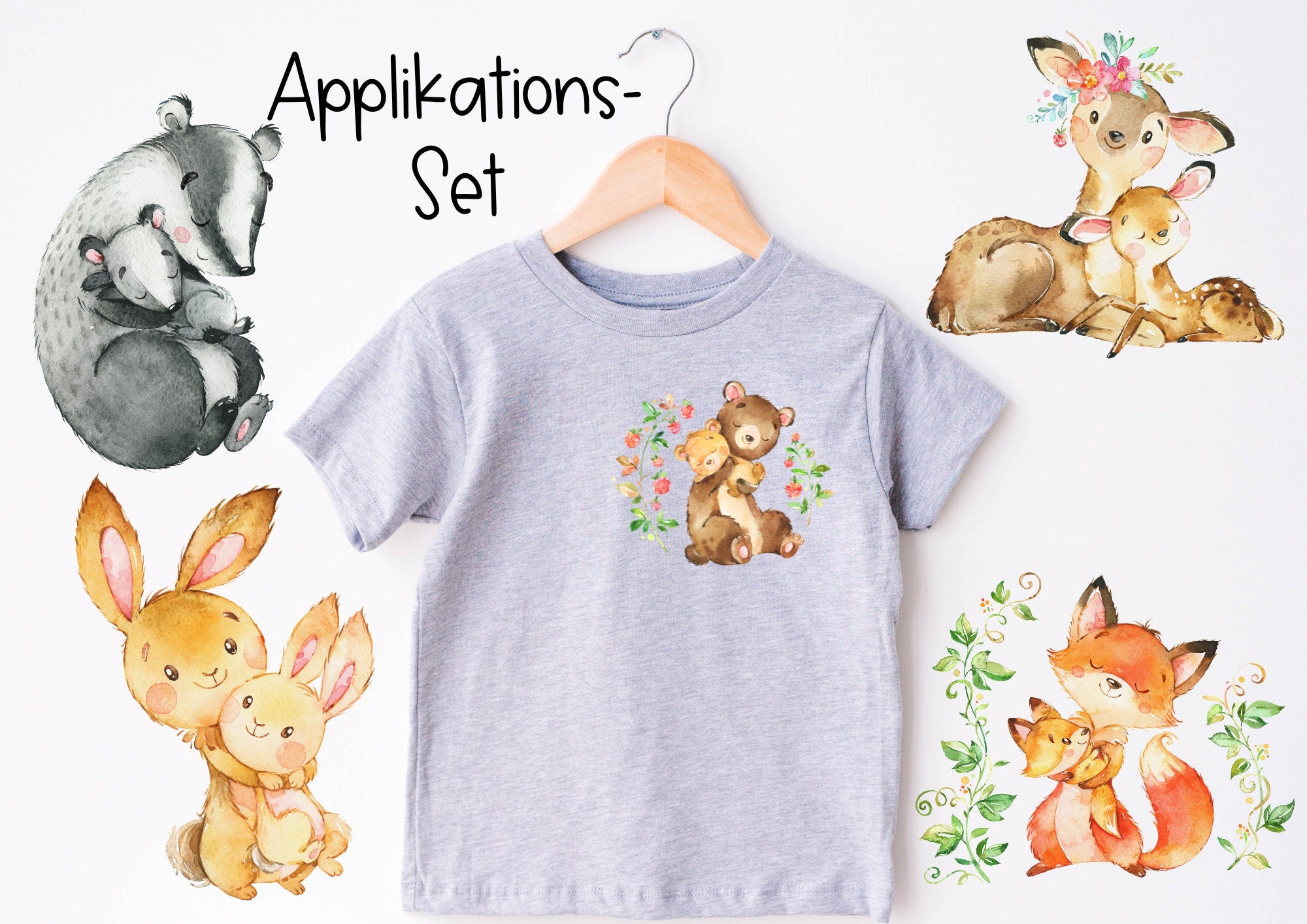 Set Bügelbild Applikation Waldtiere Fuchs Igel Bär Hase zum Veredeln von Shirts Hosen Kleidung DTF Druck Applizierung Mama und Baby