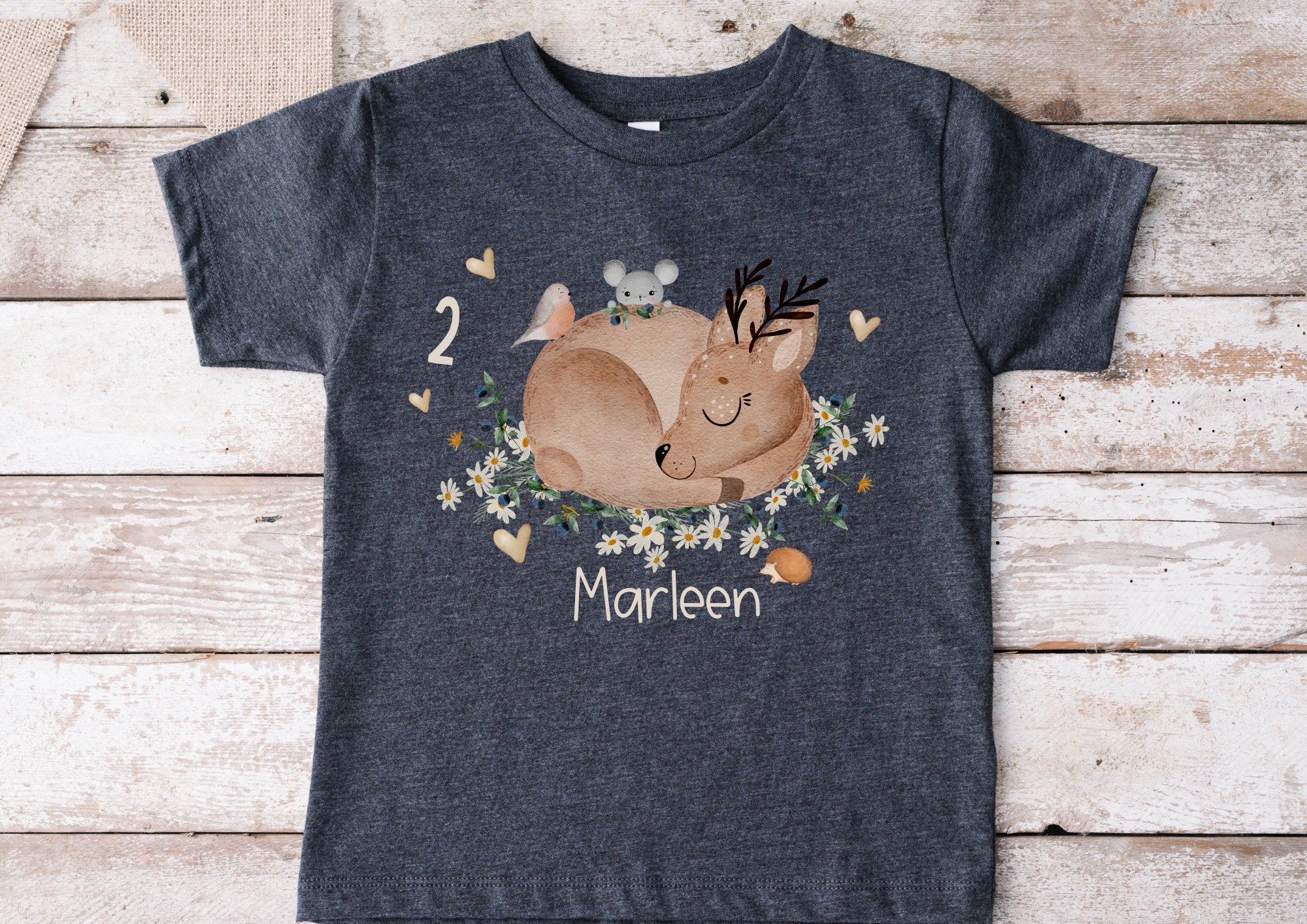 Bügelbild für farbige ien mit Wunschname und Alter personalisiert Geburtstagsshirt Reh Hase Waldtiere Boho