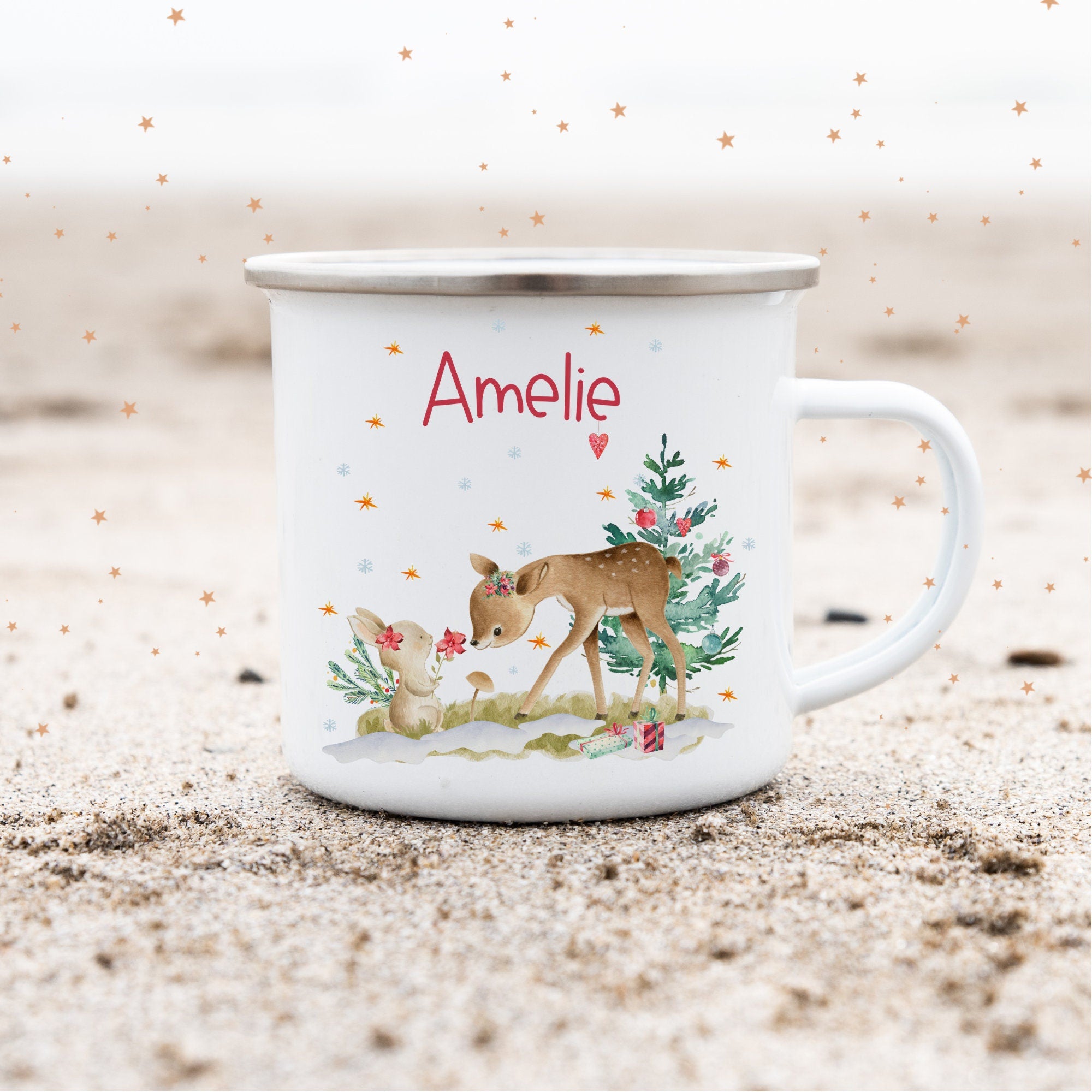 Emailletasse mit Namen personalisiert Weihnachten Weihnachtsbecher Weihnachtstasse Reh Hase Waldtiere