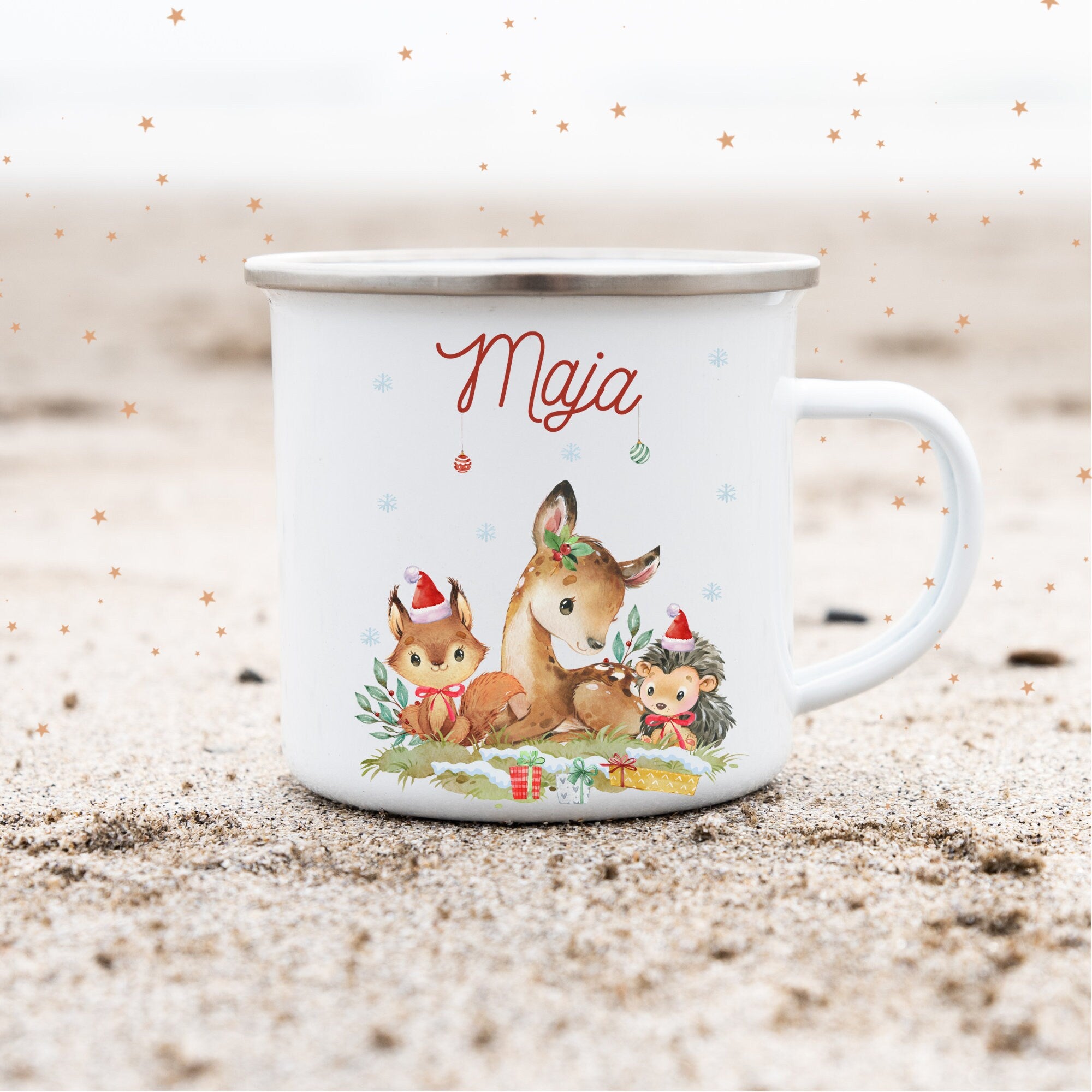 Emailletasse mit Namen personalisiert Weihnachten Weihnachtsbecher Weihnachtstasse Waldtiere Reh Fuchs Igel Waldtierweihnacht