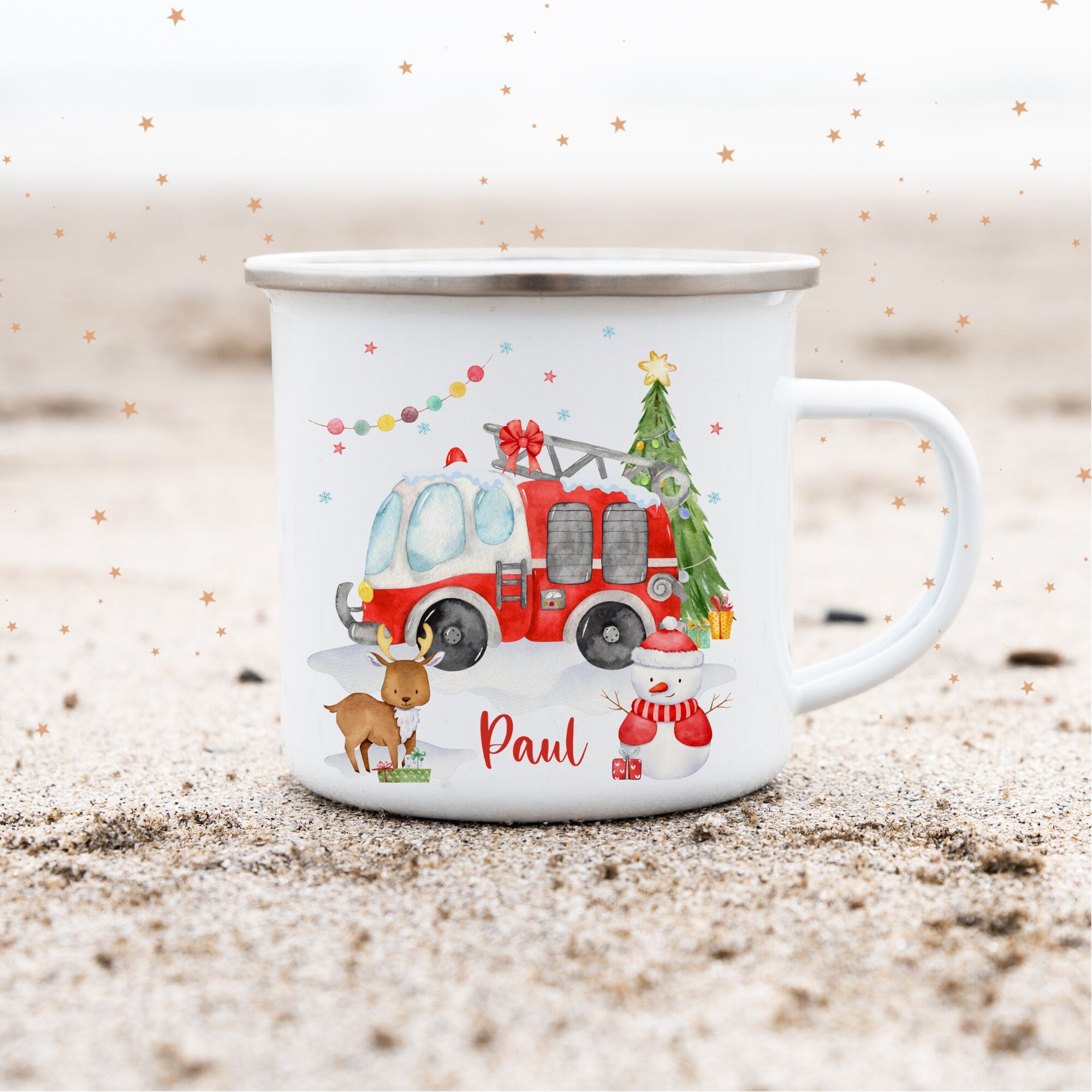 Emailletasse mit Namen personalisiert Weihnachten Weihnachtsbecher Weihnachtstasse Feuerwehr Reh Schneemann