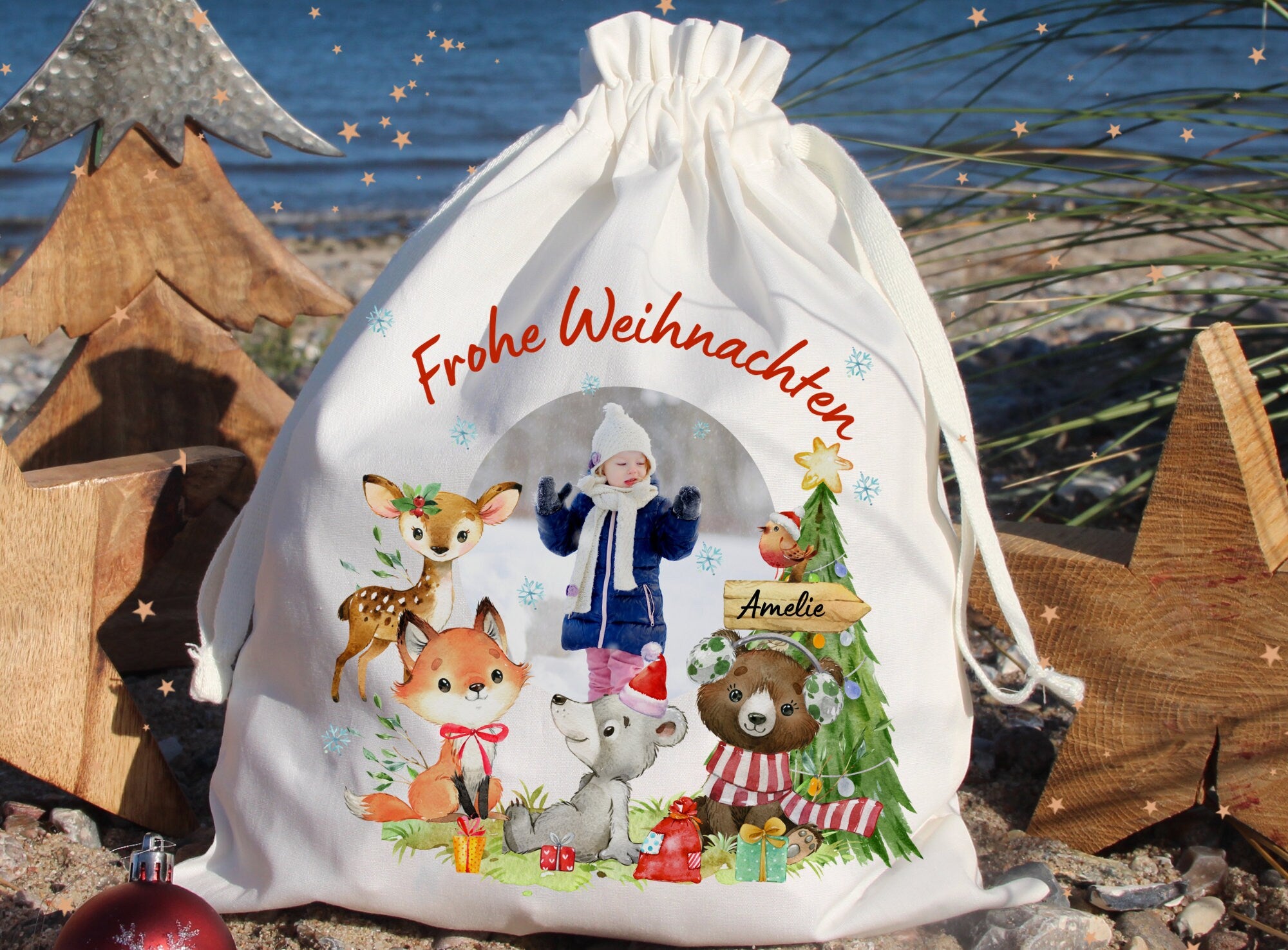 Geschenkbeutel Geschenkesäckchen mit Foto personalisiert mit Name für Weihnachten Nikolaus Waldtiere Reh Schneemann Fuchs