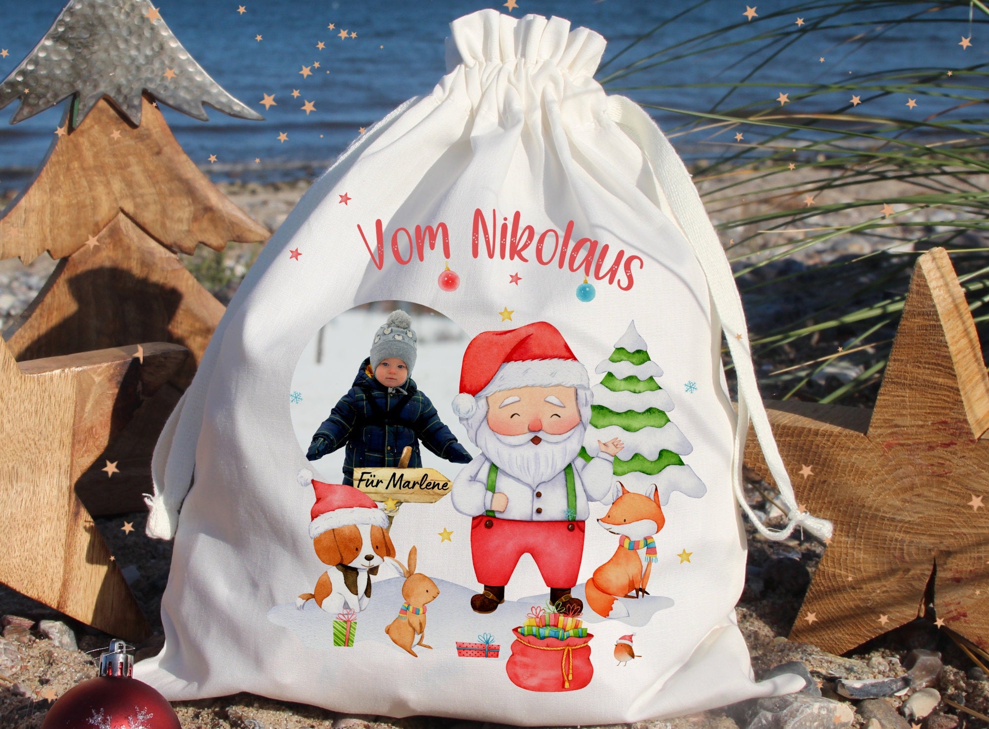 Geschenkbeutel Geschenkesäckchen mit Foto personalisiert mit Name für Weihnachten Nikolaus Weihnachtsmann Schneemann Fuchs