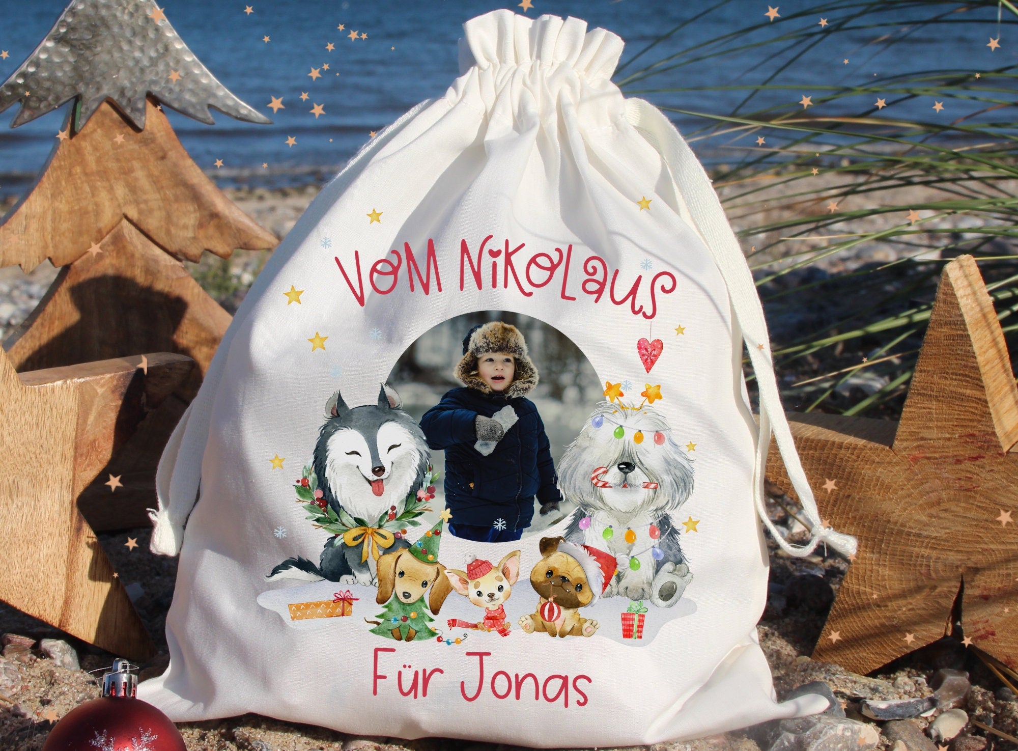 Geschenkbeutel Geschenkesäckchen mit Foto personalisiert mit Name für Weihnachten Nikolaus Hunde Husky Mops Bobtail