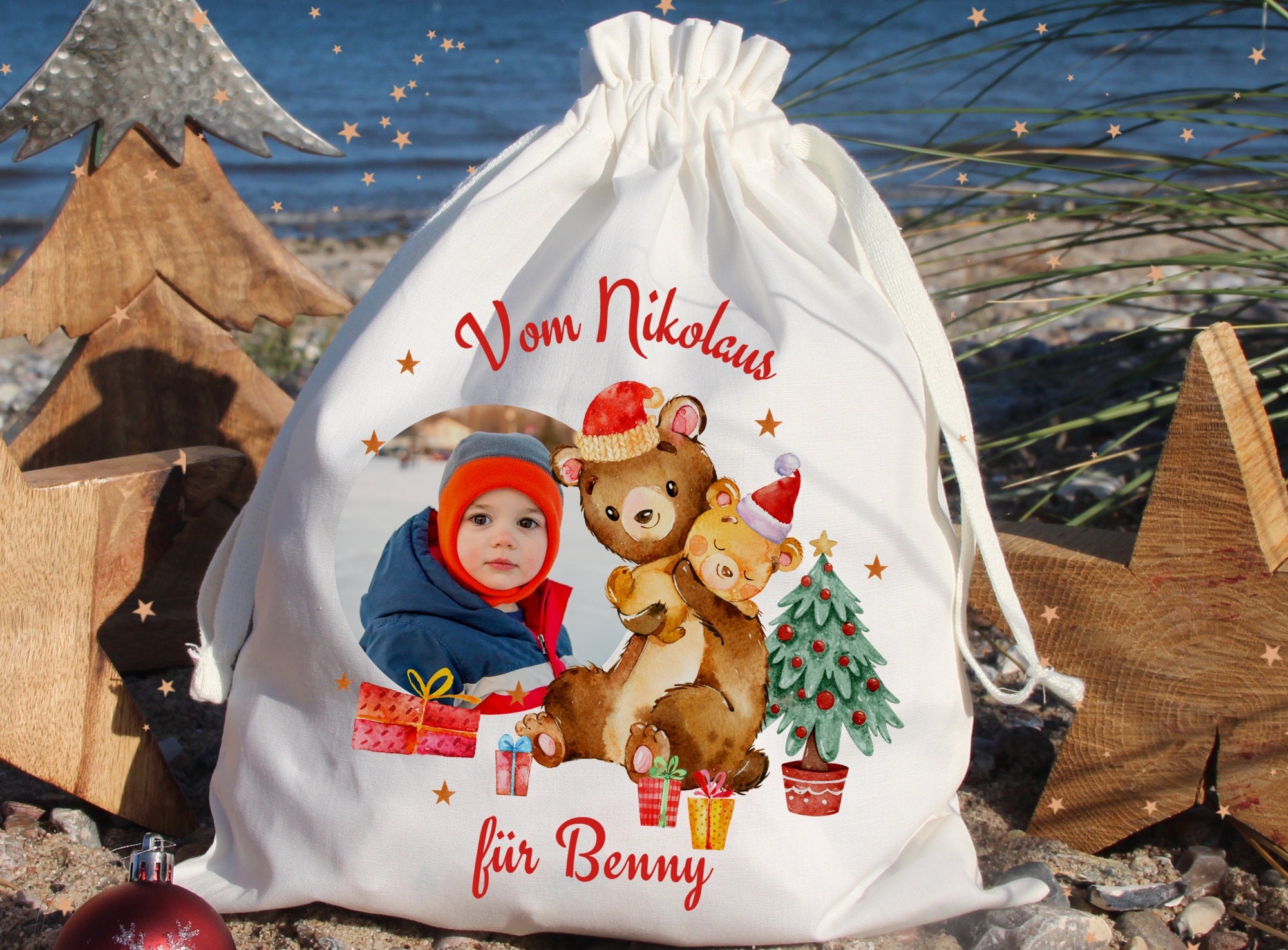 Geschenkbeutel Geschenkesäckchen mit Foto personalisiert mit Name für Weihnachten Nikolaus Bär Baby Weihnachtsbaum