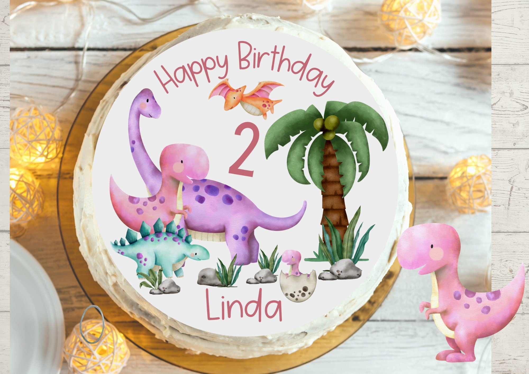 Tortenaufleger Dino rosa & lila – personalisiert – Geburtstag – Dinosaurier T-Rex Fondantbild – Party Decor