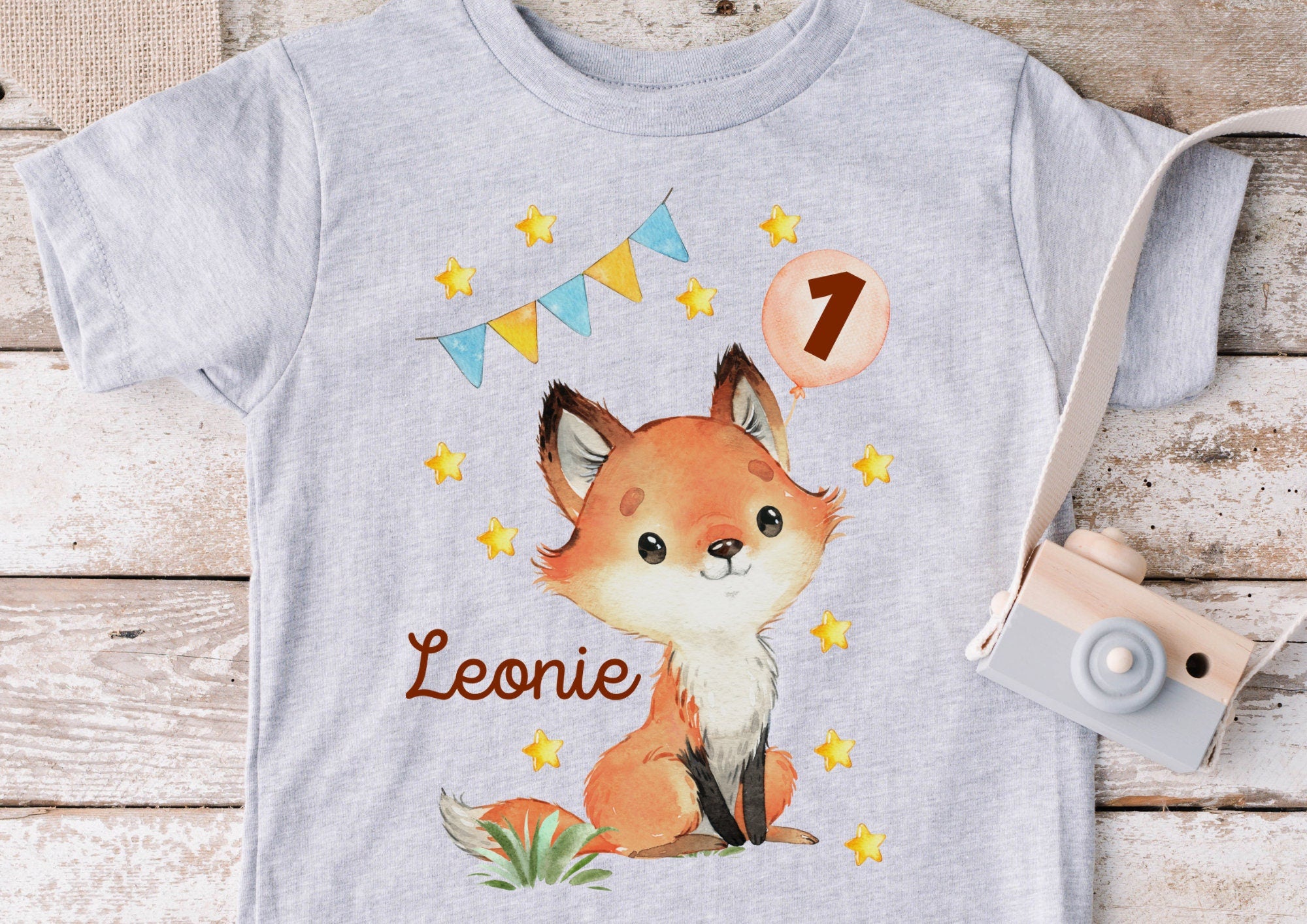 Bügelbild für farbige ien Geburtstagsshirt mit Wunschname und Alter personalisiert Fuchs Waldtiere