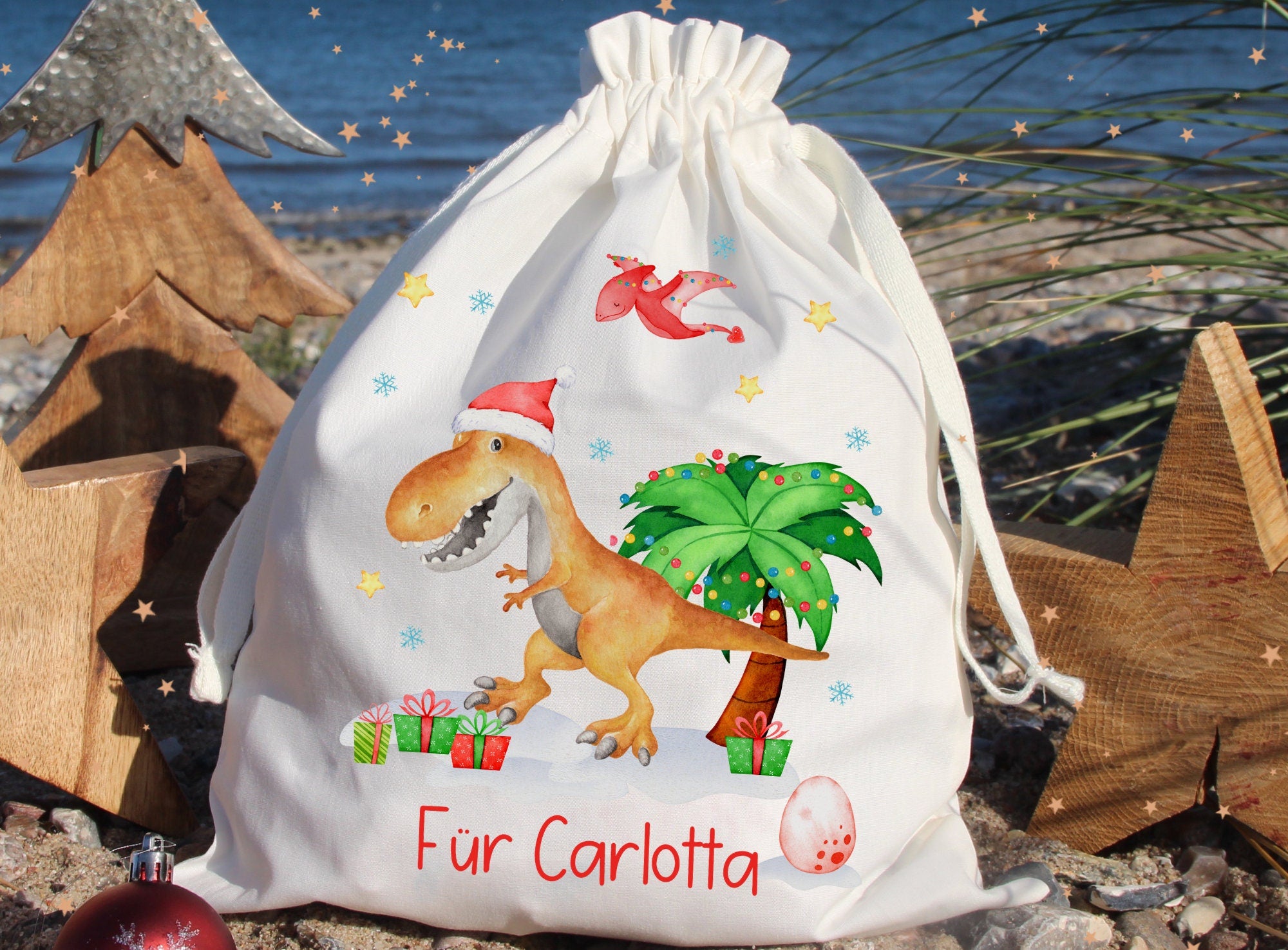 Geschenkbeutel Geschenkesäckchen personalisiert mit Name für Weihnachten Geschenksäcken Nikolaus Dino Dinosaurier T-Rex