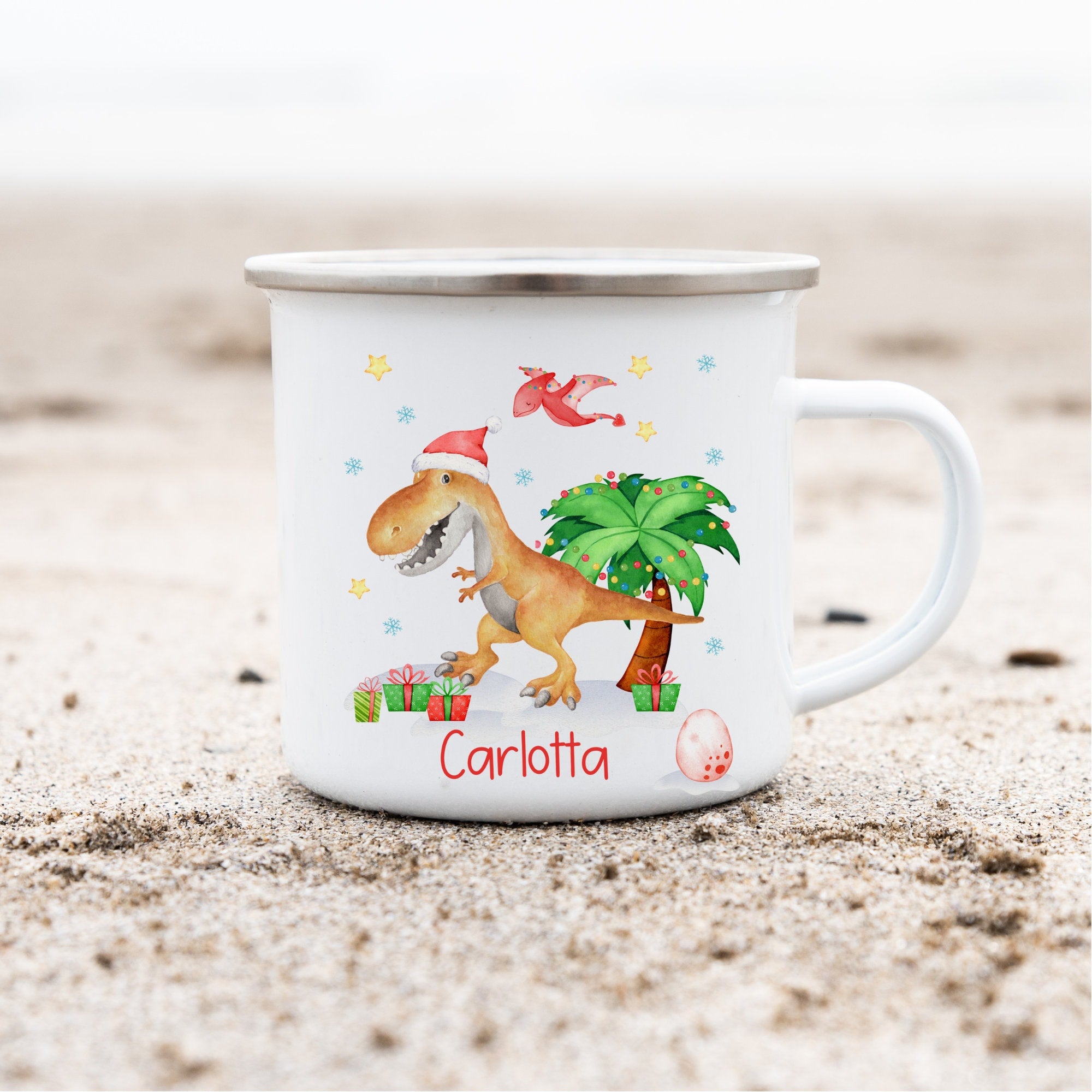 Emailletasse mit Namen personalisiert Weihnachten Weihnachtsbecher Weihnachtstasse Dino Dinosaurier T-Rex Weihnachtsdino