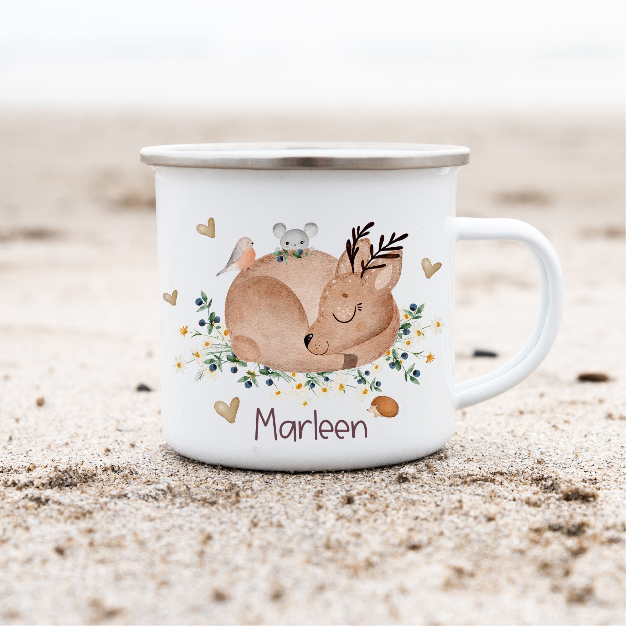 Emailletasse mit Namen personalisiert Waldtiere Reh Fuchs Igel Vogel – Mugs