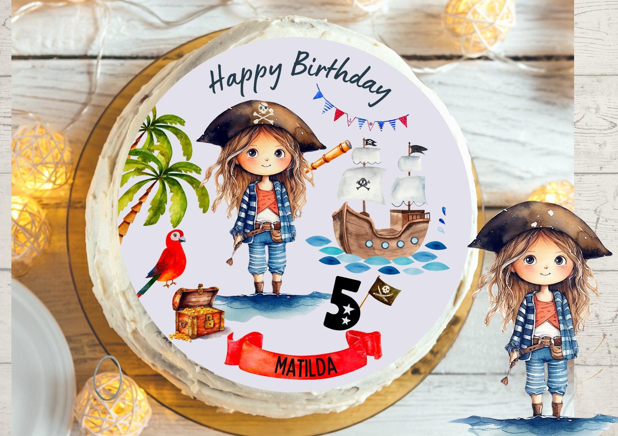 Tortenaufleger mit Name Piraten – Geburtstag – essbares Fondantbild Piratin – Party Decor