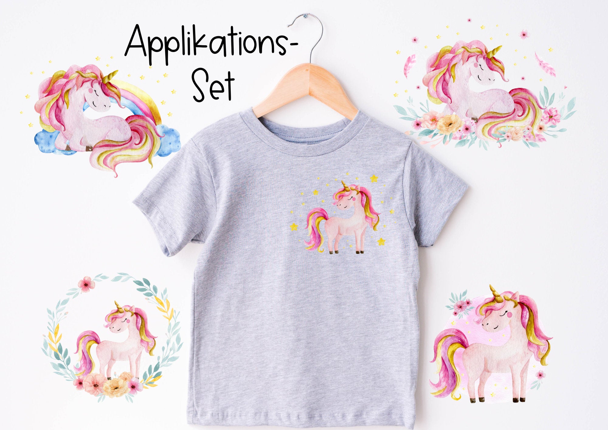 Set Bügelbild Applikation zum Veredeln von Shirts Hosen Kleidung DTF Druck Applizierung Bauernhof Einhorn Regenbogen Sterne