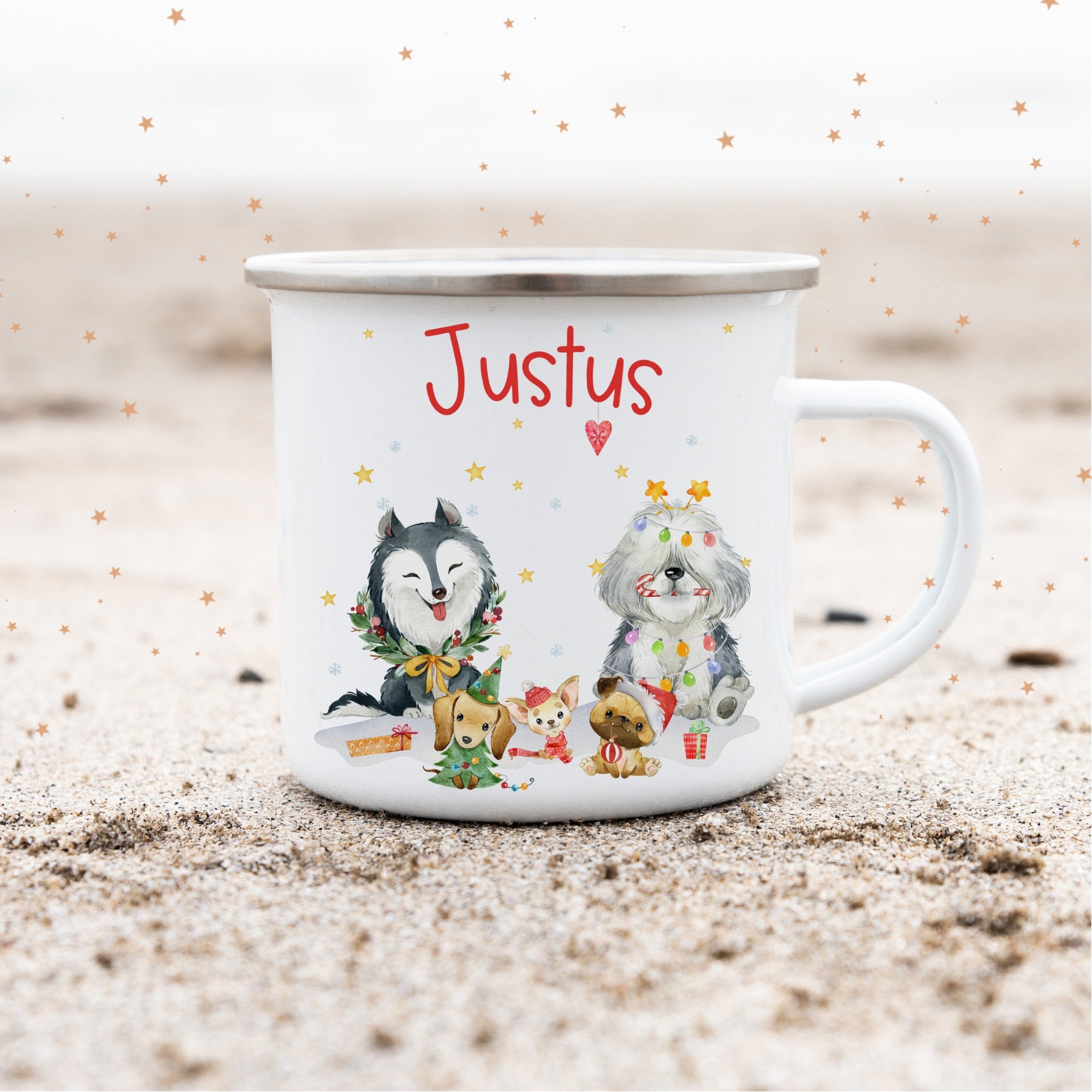 Emailletasse mit Namen personalisiert Weihnachten Weihnachtsbecher Weihnachtstasse Hunde Weihnachtshunde Husky Mops Dackel