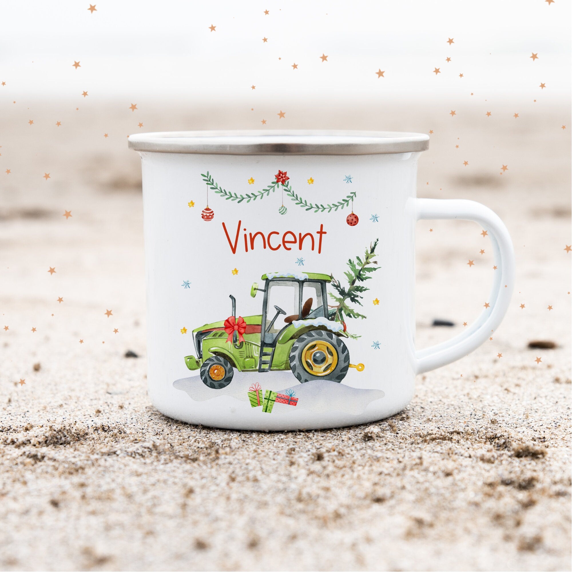 Emailletasse mit Namen personalisiert Weihnachten Weihnachtsbecher Weihnachtstasse Traktor Trecker Weihnachtsbaum