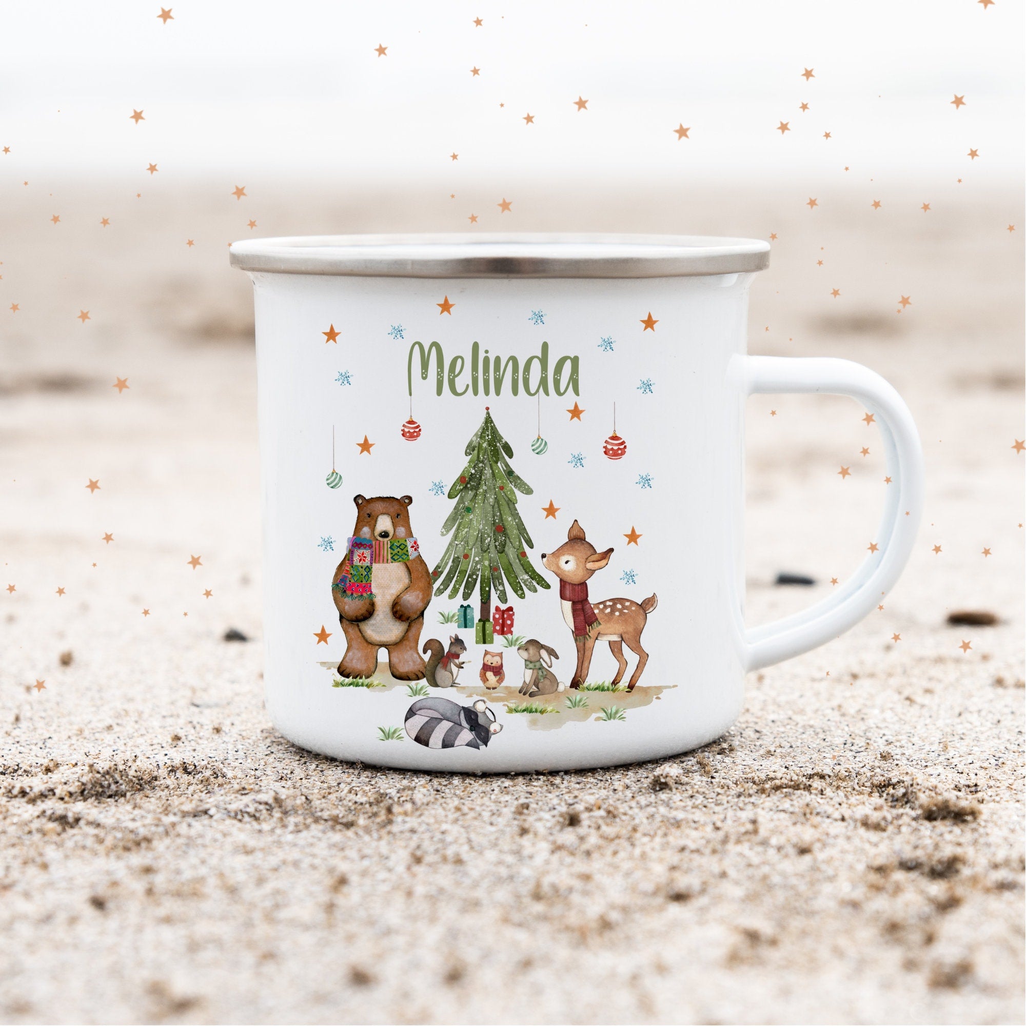 Emailletasse mit Namen personalisiert Weihnachten Weihnachtsbecher Weihnachtstasse Waldtiere Reh Fuchs Igel Waldtierweihnacht