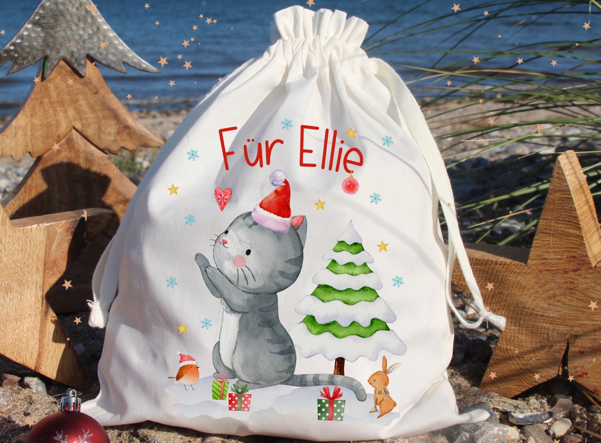 Geschenkbeutel Geschenkesäckchen personalisiert mit Name für Weihnachten Geschenksäcken Nikolaus Katze Fuchs