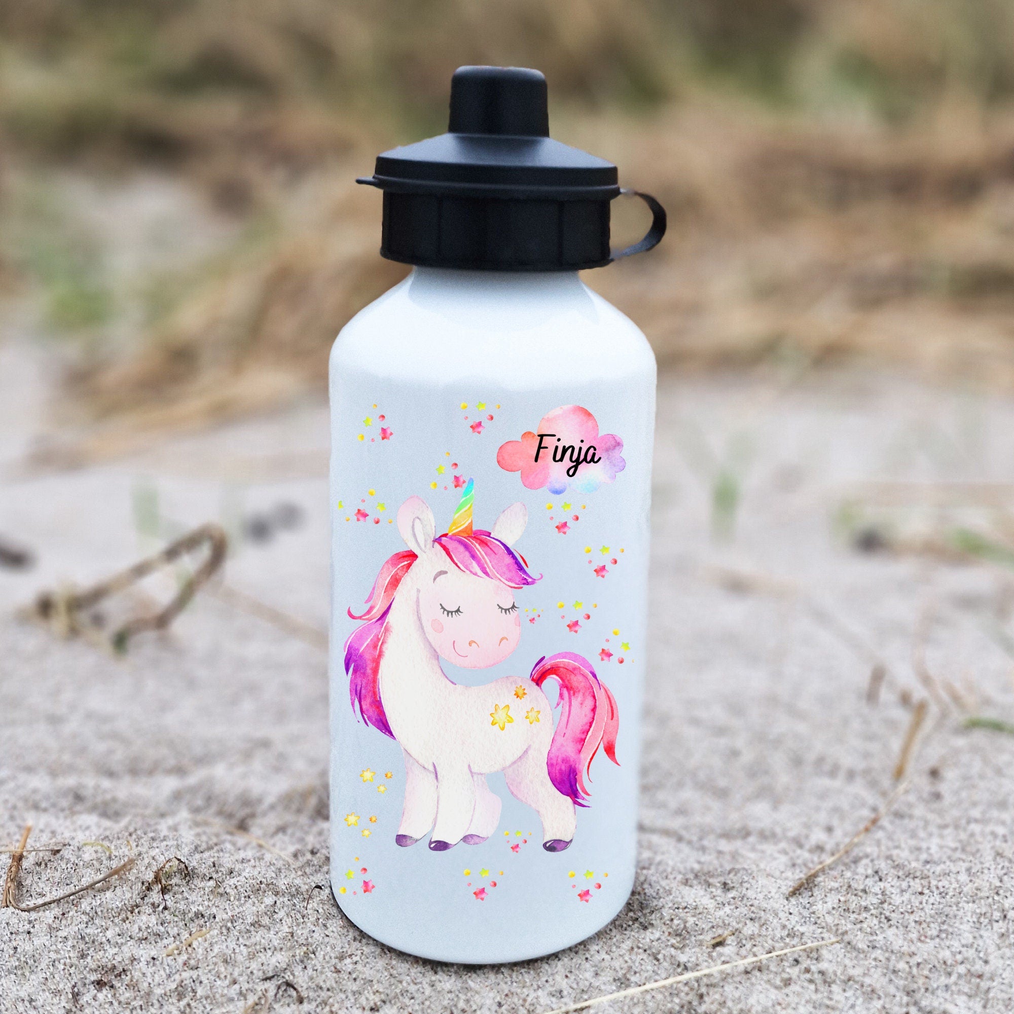 Trinkflasche Wasserflasche personalisiert mit Name Einhorn rosa Sterne Glitzer