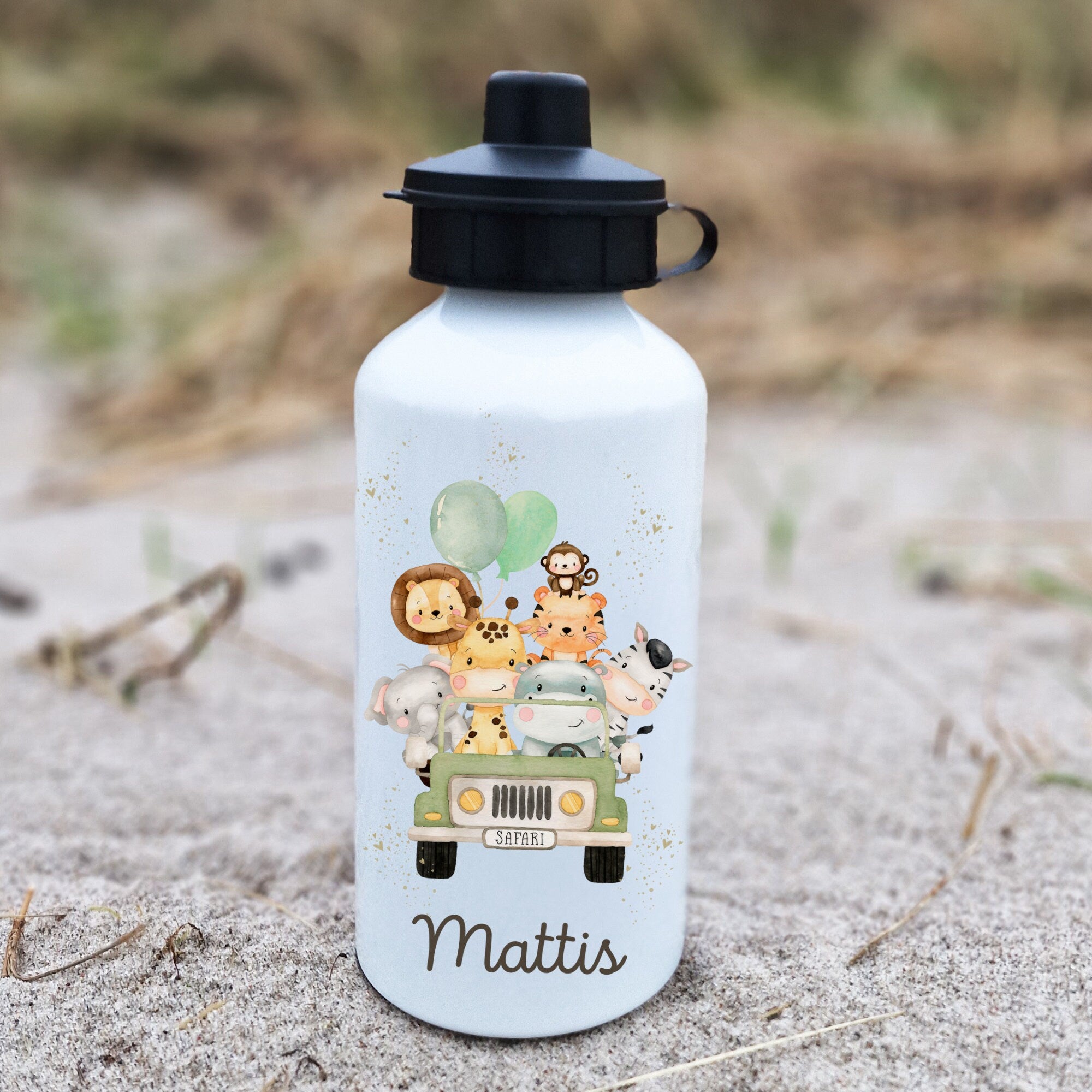 Trinkflasche Wasserflasche personalisiert mit Name Dschungeltiere Löwe Giraffe Wild One