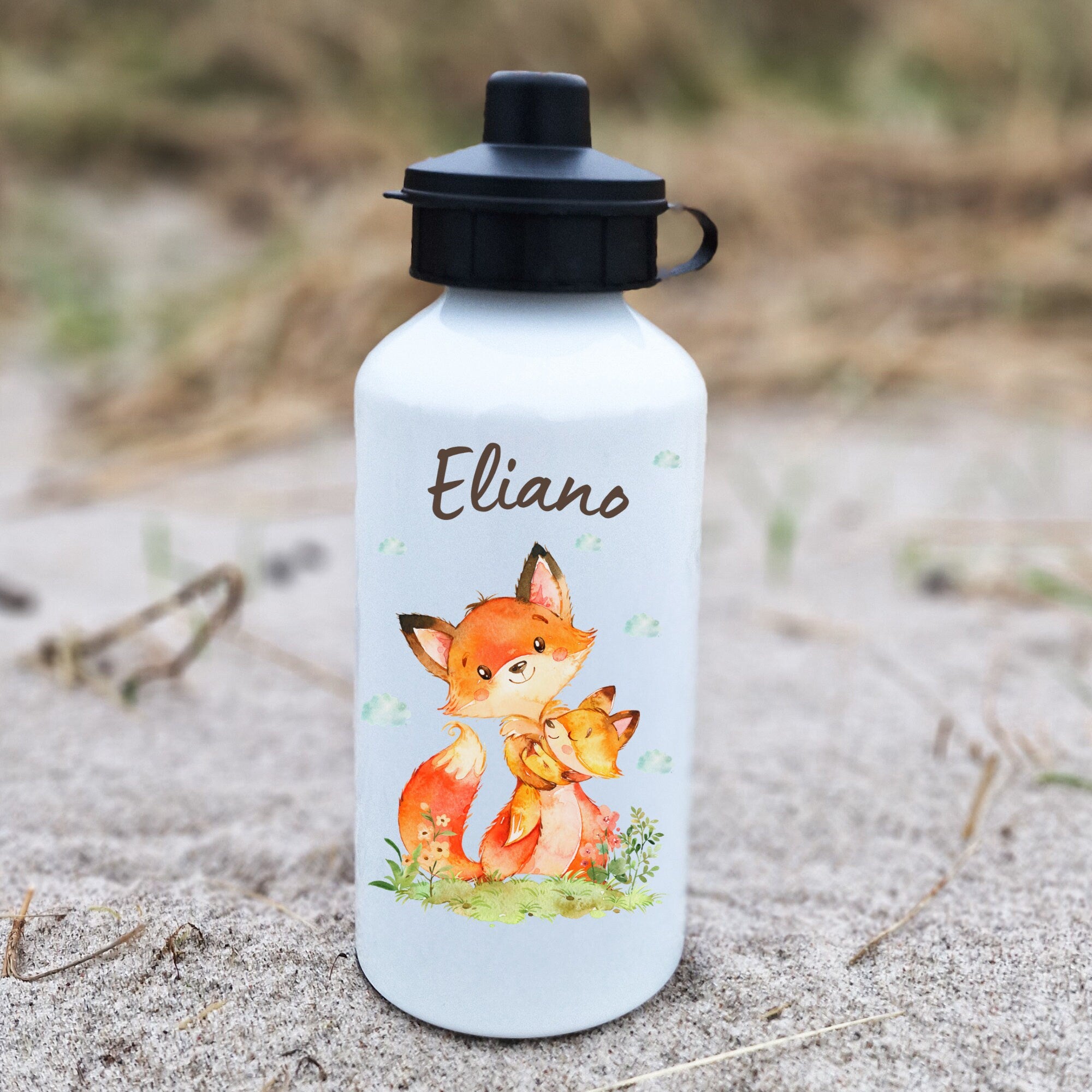 Trinkflasche Wasserflasche personalisiert mit Name Fuchs Mama und Baby Waldtiere