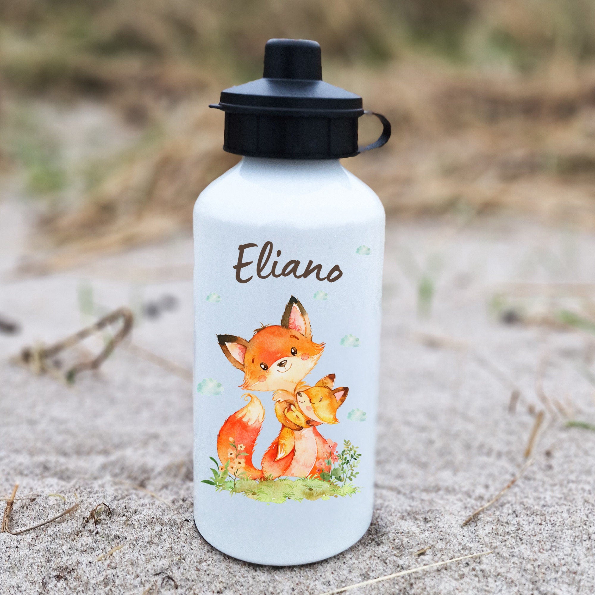 Trinkflasche Wasserflasche personalisiert mit Name Fuchs Mama und Baby Waldtiere