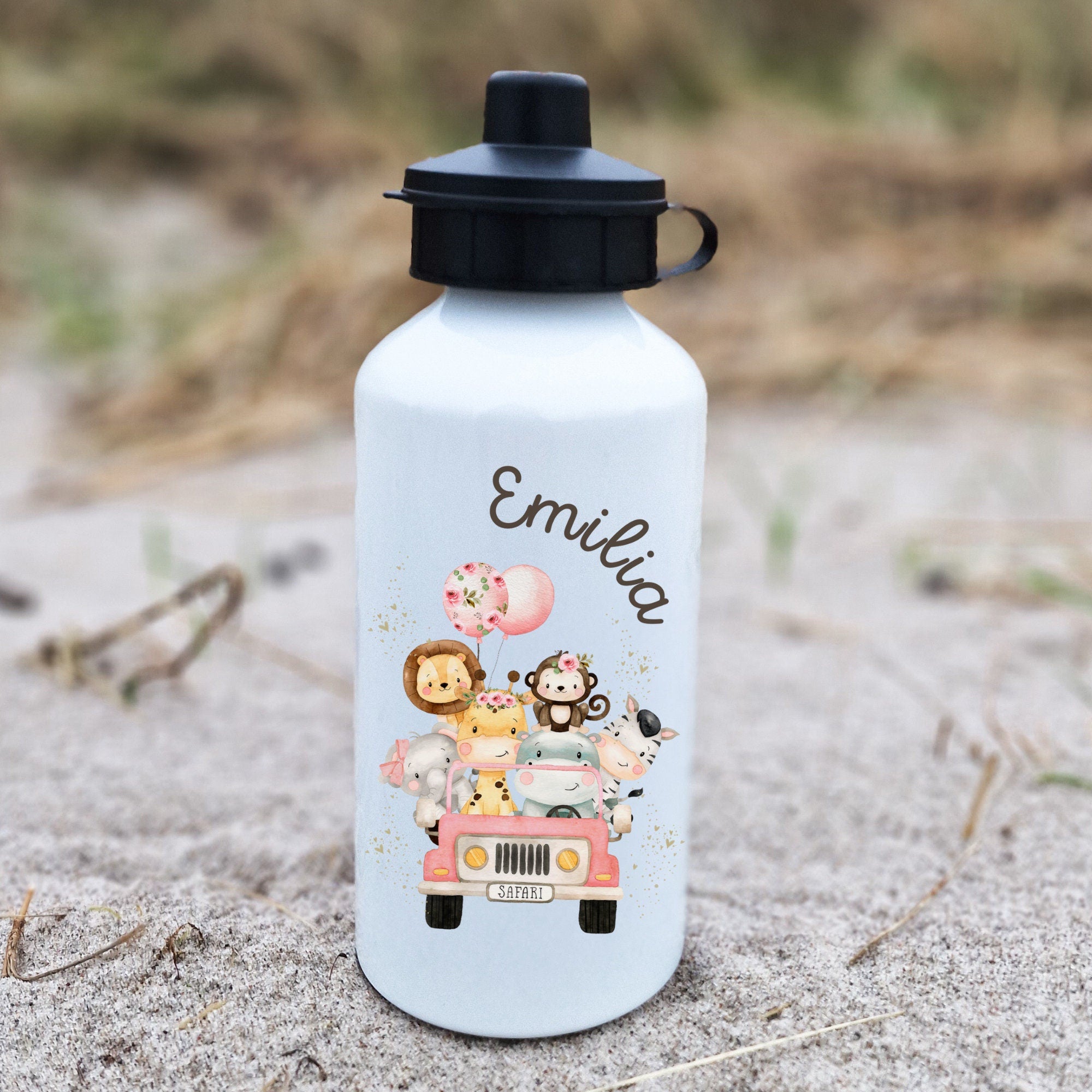 Trinkflasche Wasserflasche personalisiert mit Name Dschungeltiere Löwe Giraffe Wild One Roa