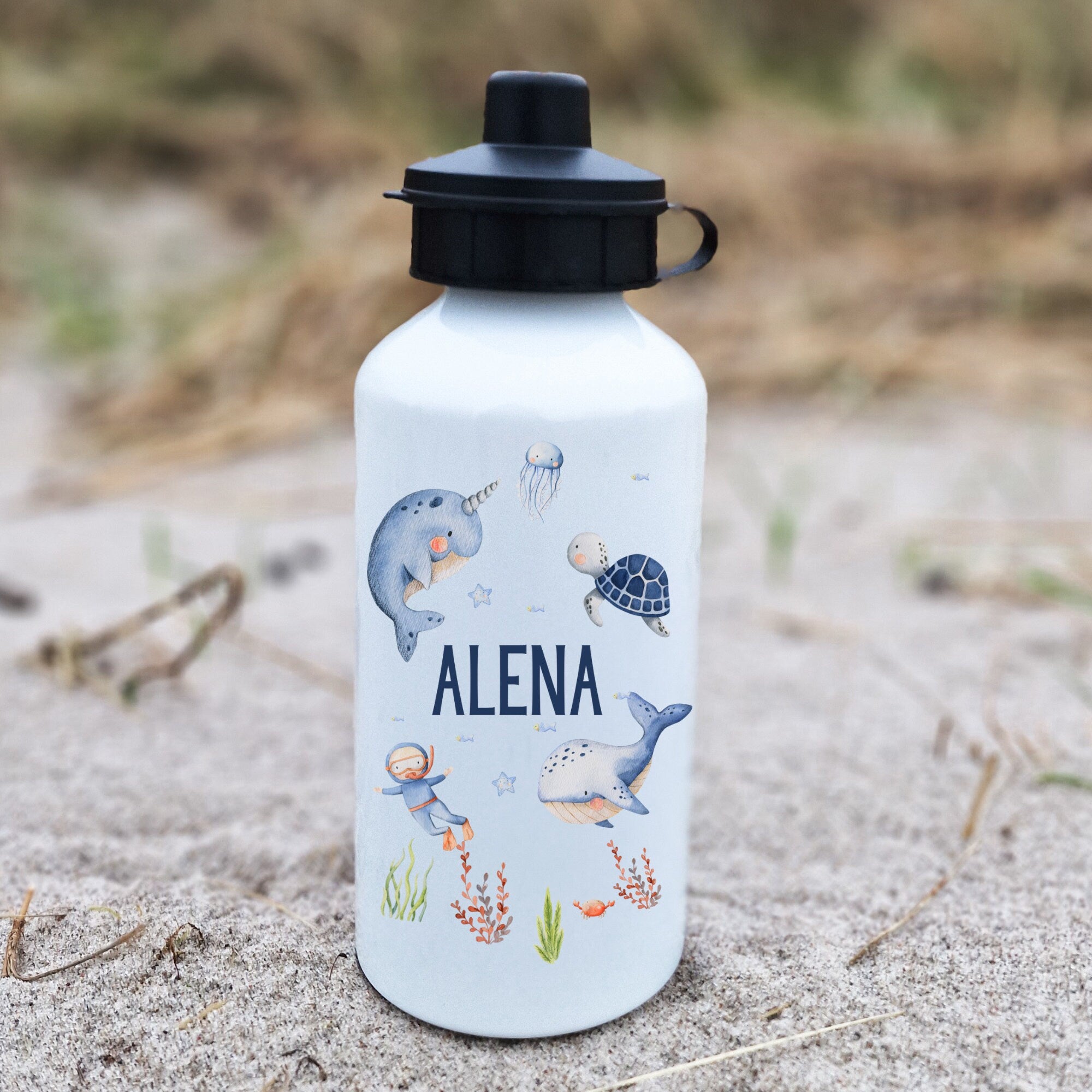 Trinkflasche Wasserflasche personalisiert mit Name Wal Schildkröte Unterwasser Meerestiere