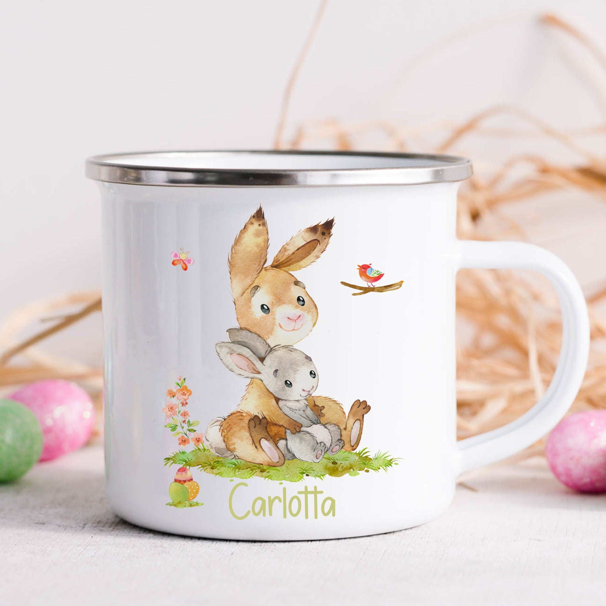 Emailletasse mit Namen personalisiert Ostern Osterhase Osterbecher Ostergeschirr Osterdeko